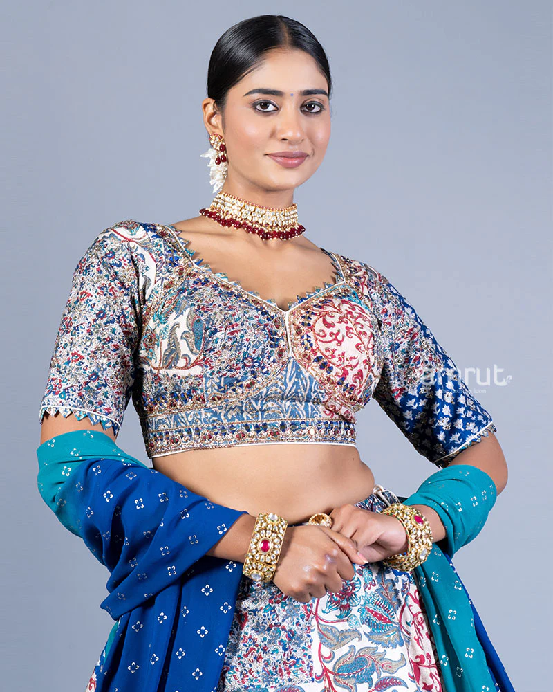 Multicolor Patchwork Lehenga Choli with Ombre Blue Dupatta - Image 2