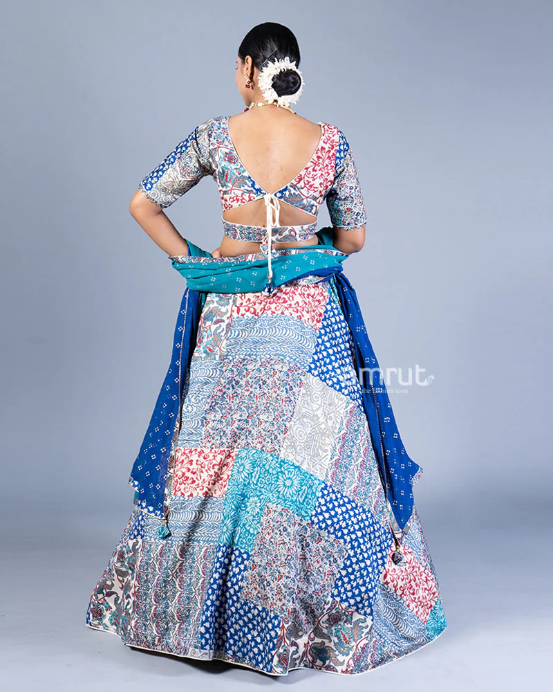 Multicolor Patchwork Lehenga Choli with Ombre Blue Dupatta - Image 3