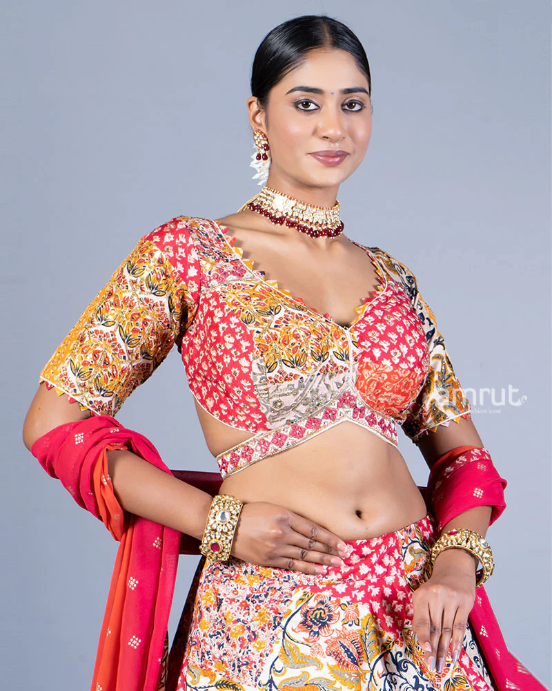 Multicolor Patchwork Lehenga Choli with Ombre Red Dupatta - Image 2