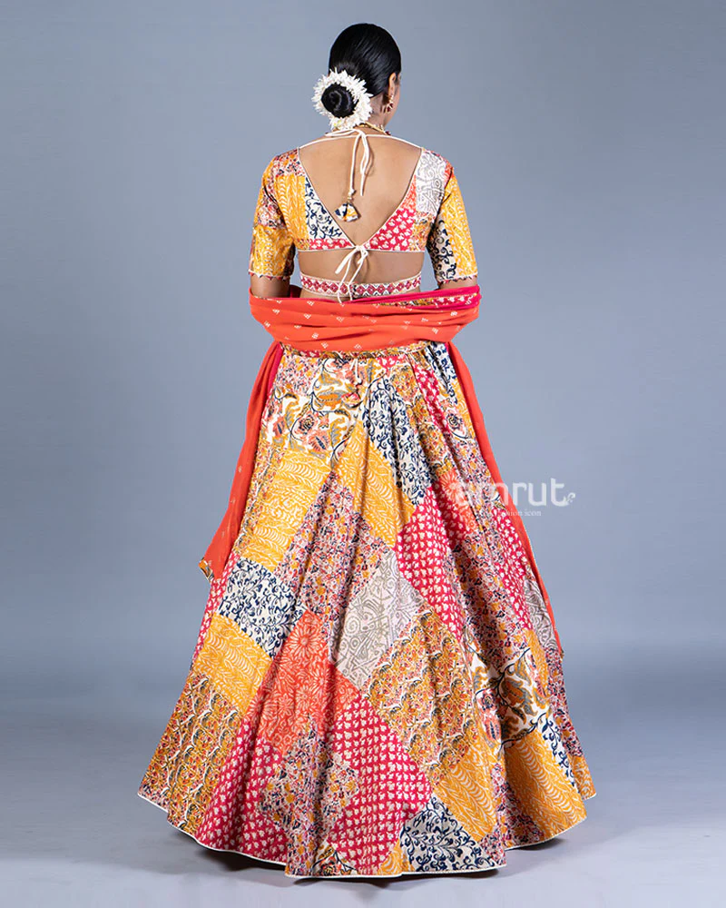 Multicolor Patchwork Lehenga Choli with Ombre Red Dupatta - Image 3