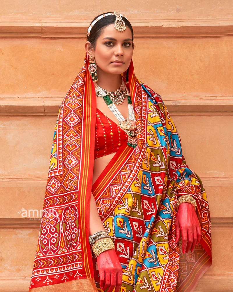 Multicolor Patola Print Traditional Saree With Red Zari Border and Unstitched Blouse - Image 2