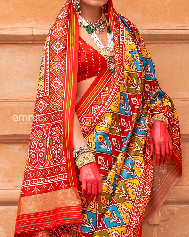 Multicolor Patola Print Traditional Saree With Red Zari Border and Unstitched Blouse - Image 3
