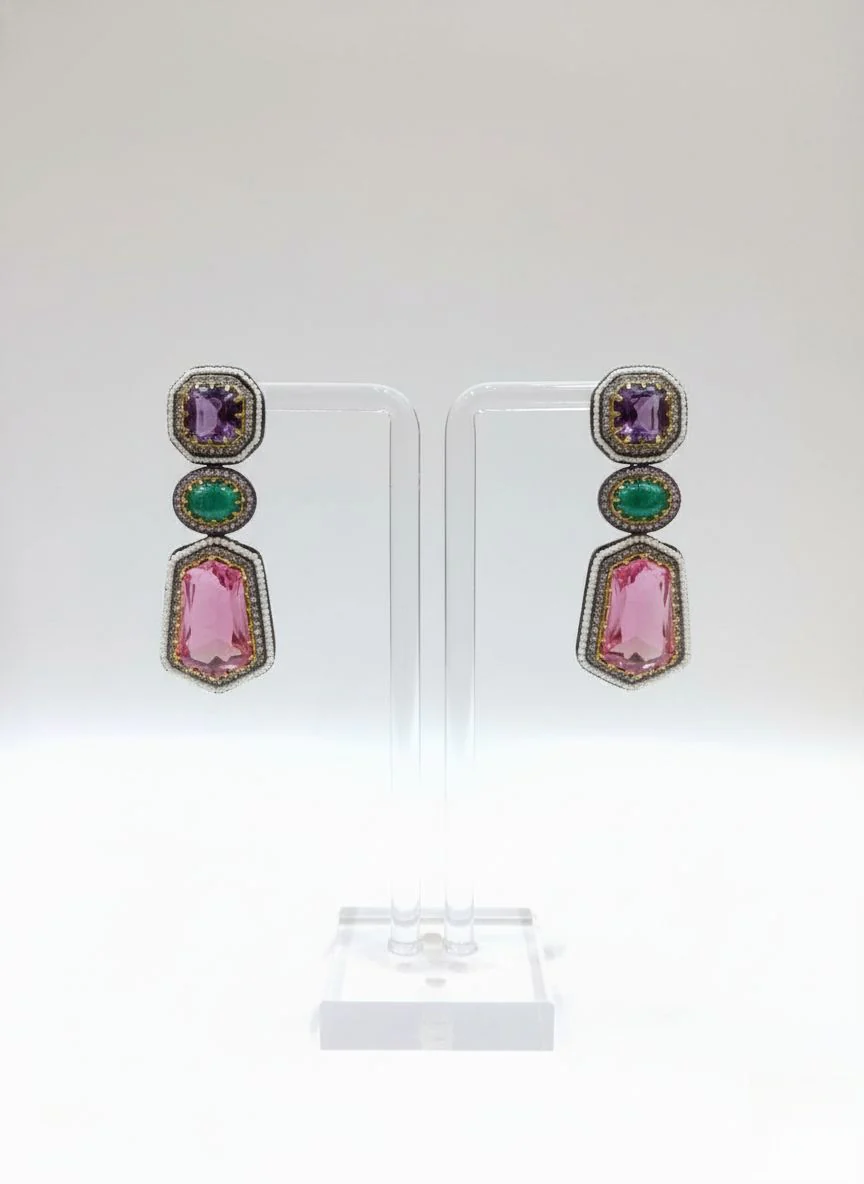 Multicolor Semi-Precious Gemstone Polki Necklace Set with Long Statement Design - Image 2