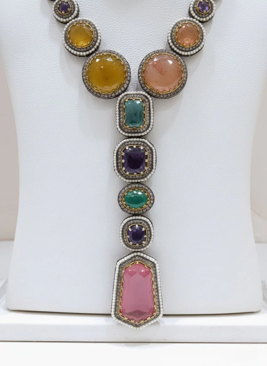 Multicolor Semi-Precious Gemstone Polki Necklace Set with Long Statement Design - Image 3