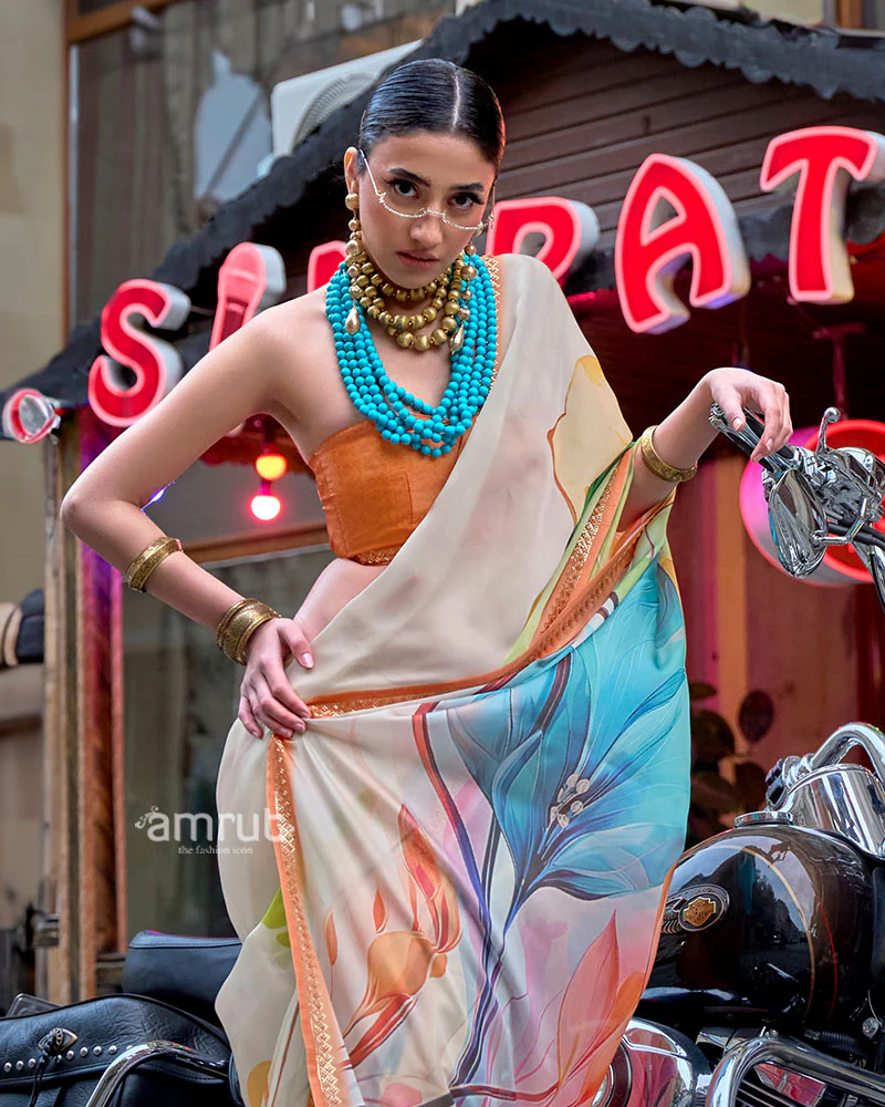 Multicolored Abstract Floral Print Saree on Cream Beige Base with Unstitched Blouse - Image 2