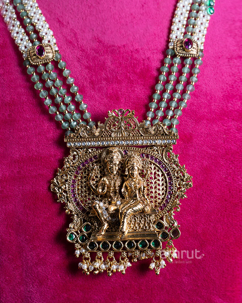 Multicolored Bead Necklace with Intricate Gold Toned Pendant and Matching Earrings - Image 2