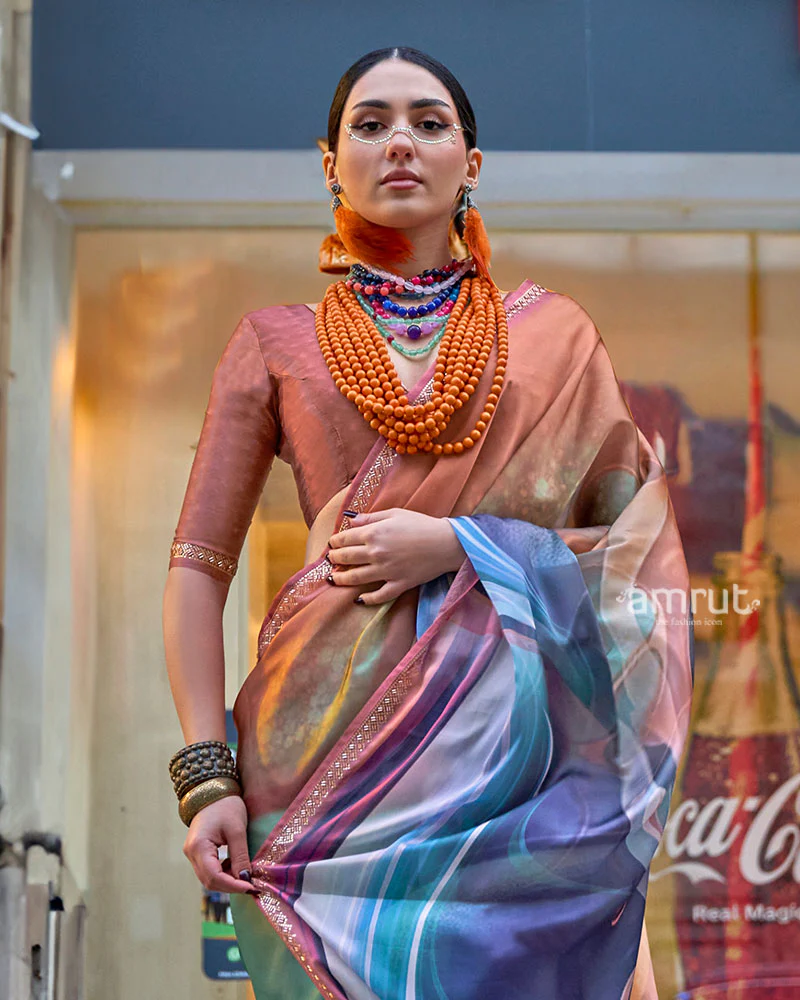 Multicolored Marbled Print Saree with Gold-Peach Border and Unstitched Blouse - Image 2