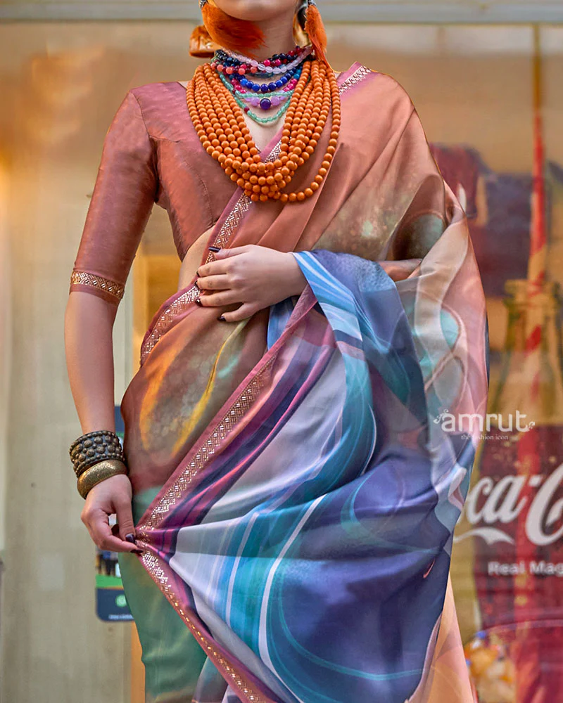 Multicolored Marbled Print Saree with Gold-Peach Border and Unstitched Blouse - Image 3