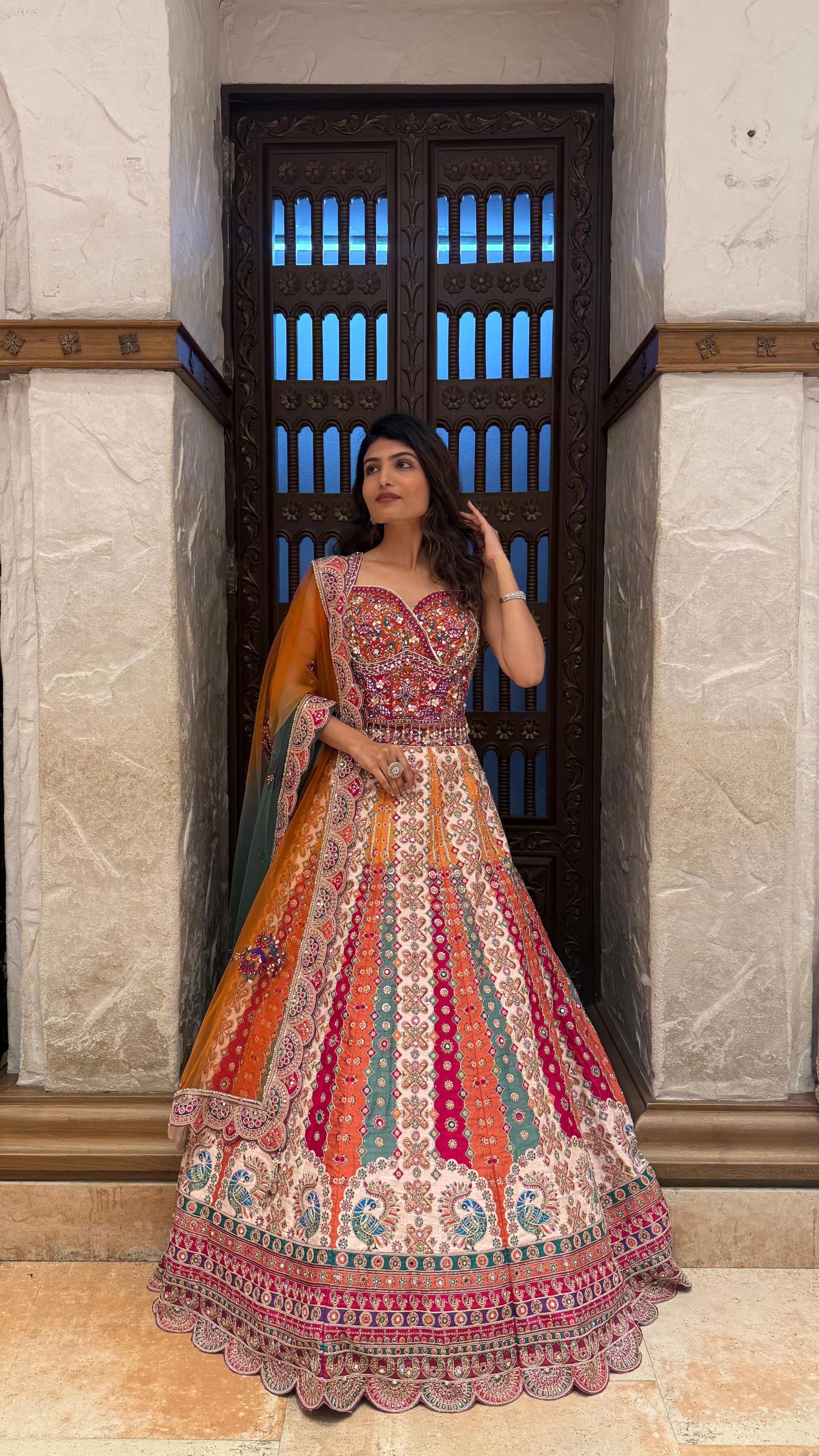 Multicolour Designer Printed Lehenga with Embroidered Blouse & Dupatta - Image 3