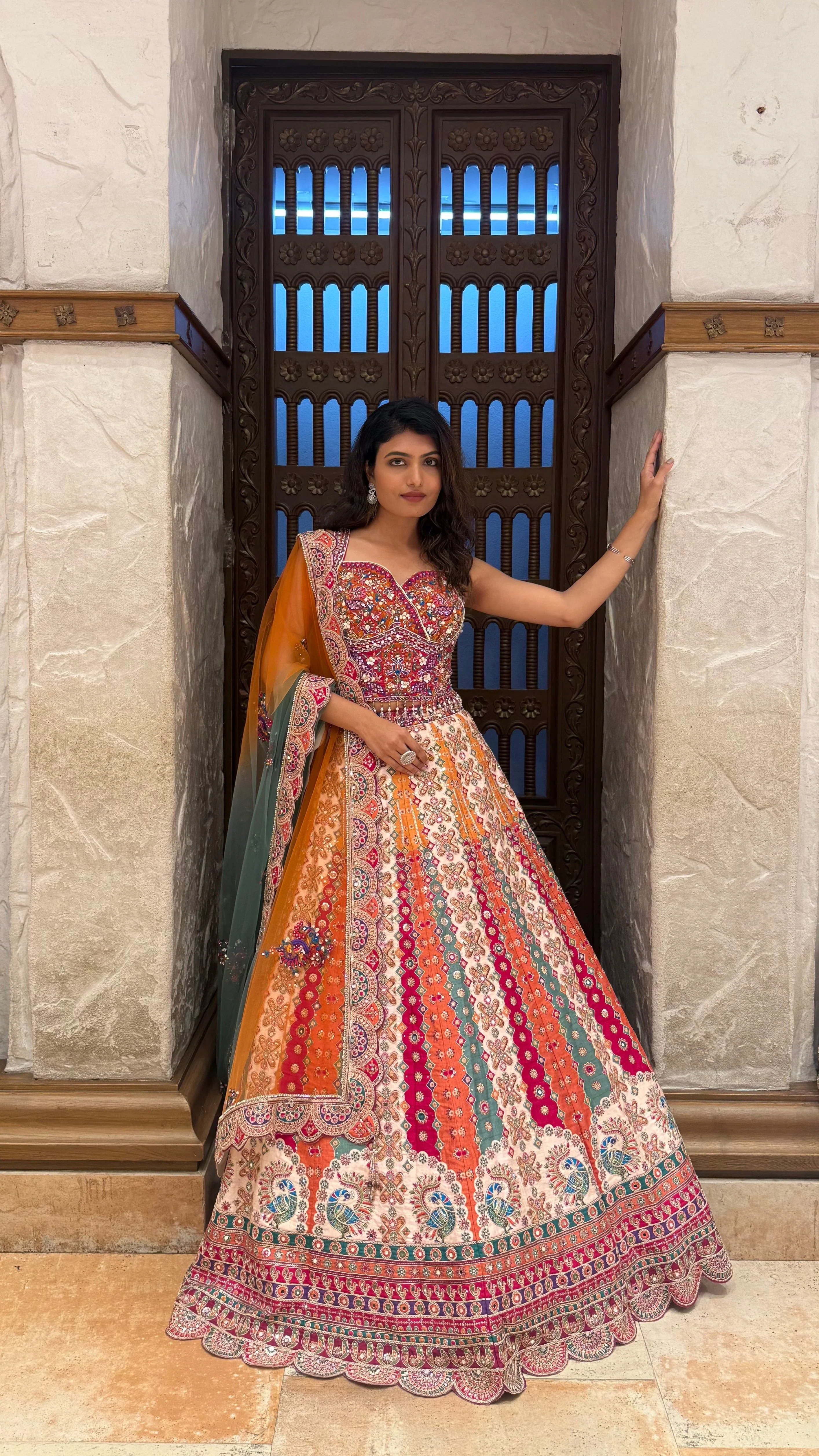 Multicolour Designer Printed Lehenga with Embroidered Blouse & Dupatta - Image 4