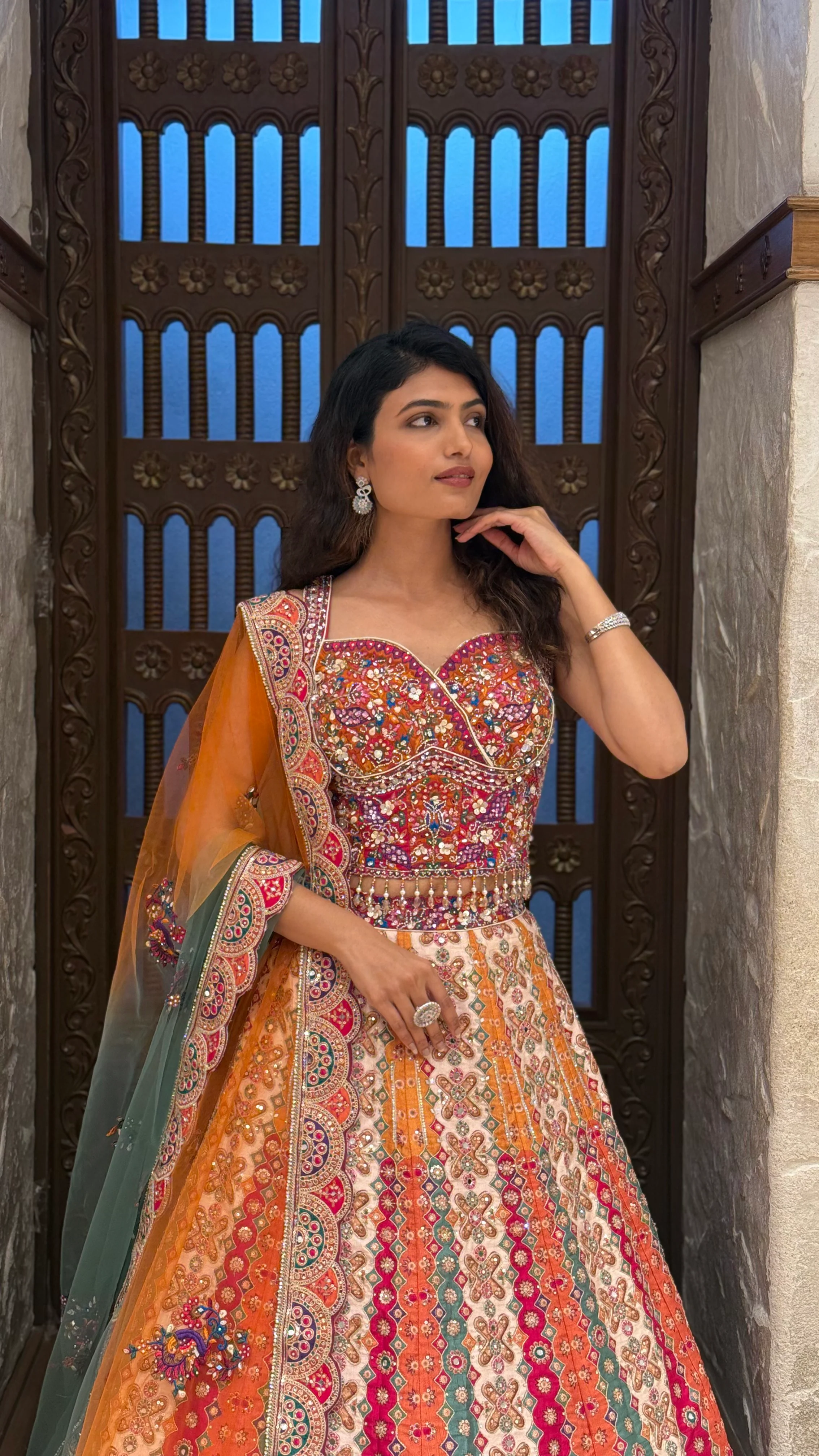 Multicolour Designer Printed Lehenga with Embroidered Blouse & Dupatta - Image 6