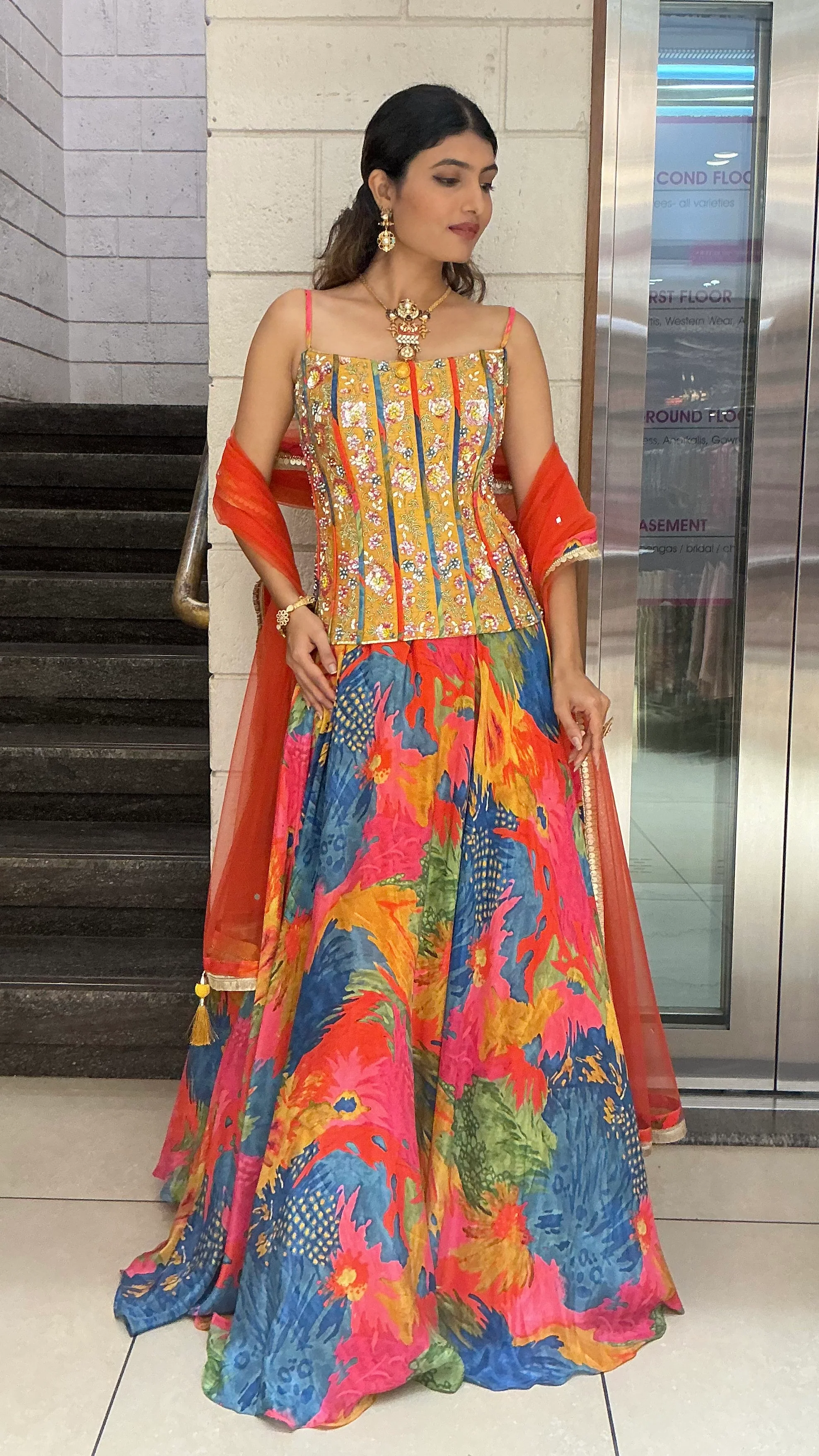 Multicolour Floral Print Indo-Western Lehenga Set with Embellished Corset & Dupatta - Image 2