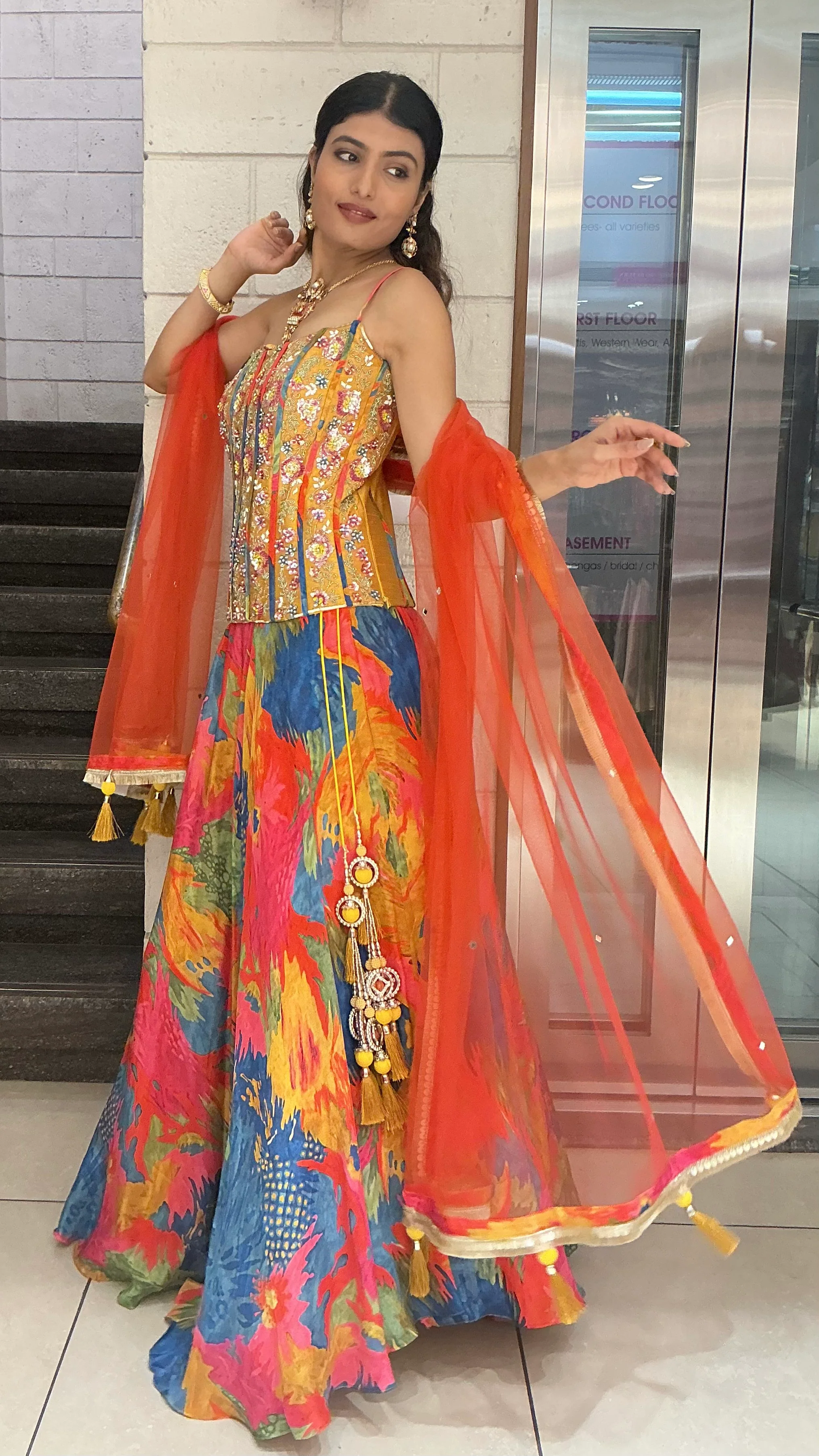 Multicolour Floral Print Indo-Western Lehenga Set with Embellished Corset & Dupatta - Image 3