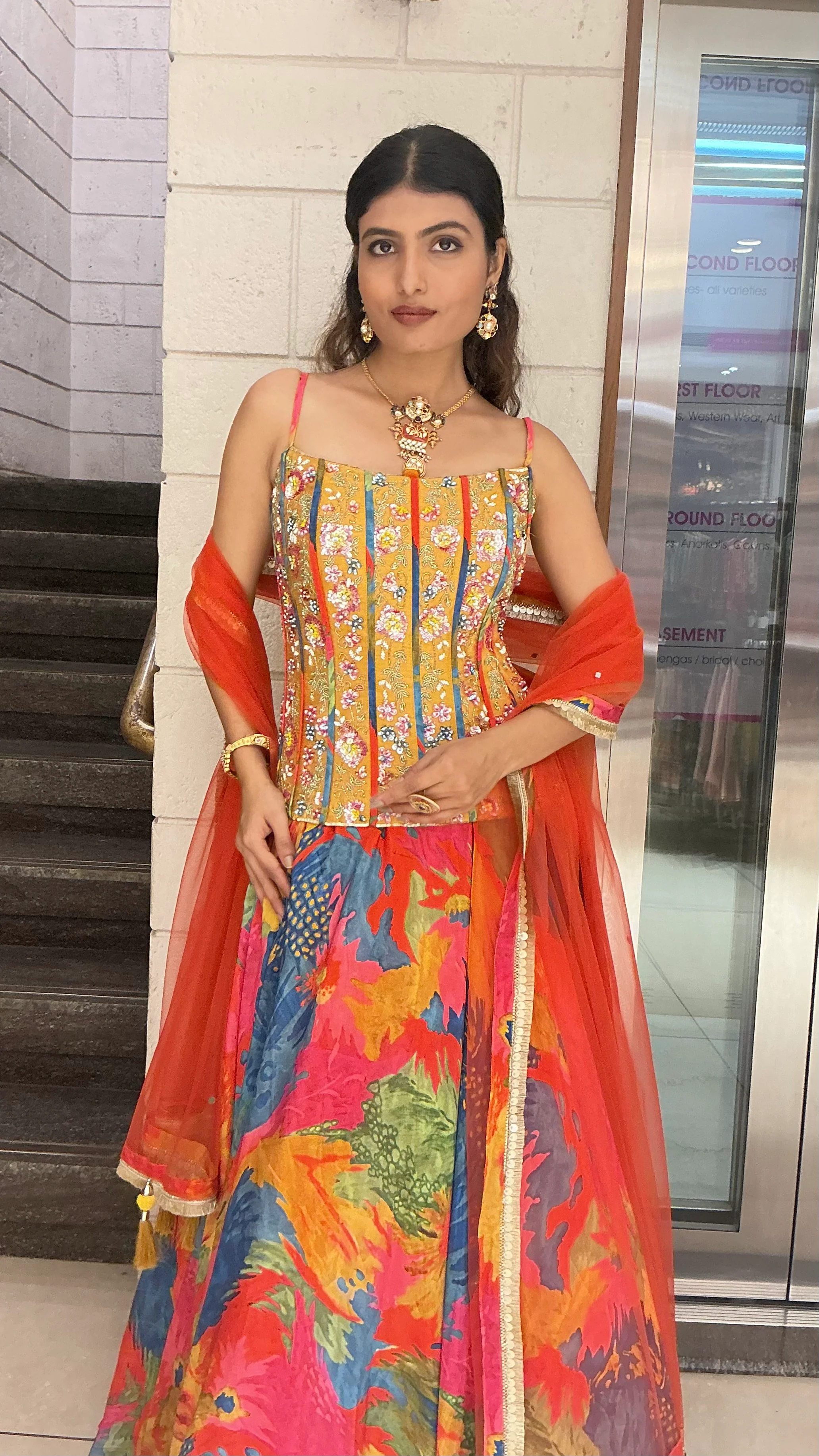 Multicolour Floral Print Indo-Western Lehenga Set with Embellished Corset & Dupatta - Image 4