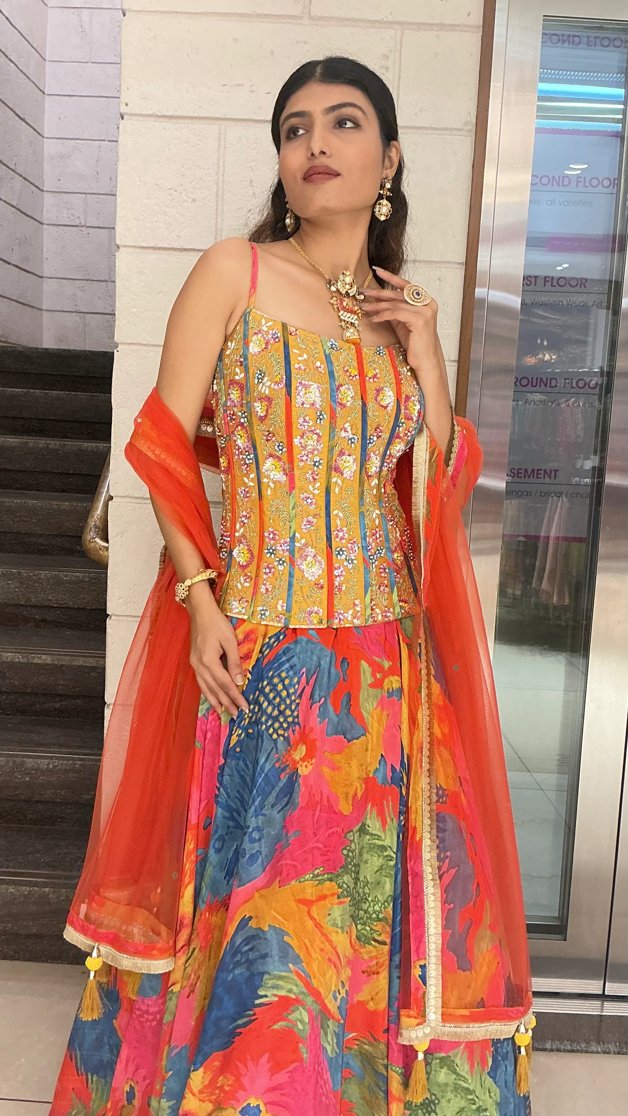 Multicolour Floral Print Indo-Western Lehenga Set with Embellished Corset & Dupatta - Image 5