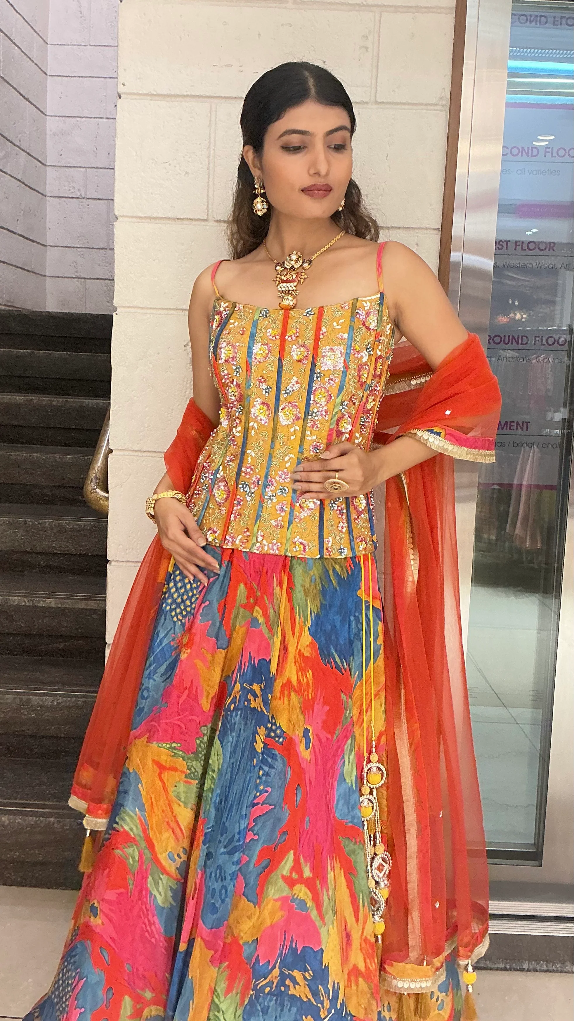 Multicolour Floral Print Indo-Western Lehenga Set with Embellished Corset & Dupatta - Image 6