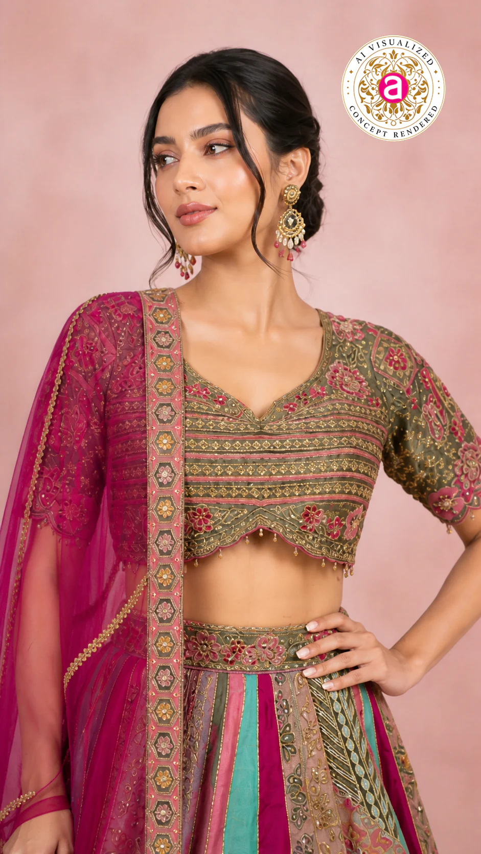 Multicolour Pastel Panelled Designer Lehenga Choli with Embroidered Blouse & Pink Net Dupatta - Image 2