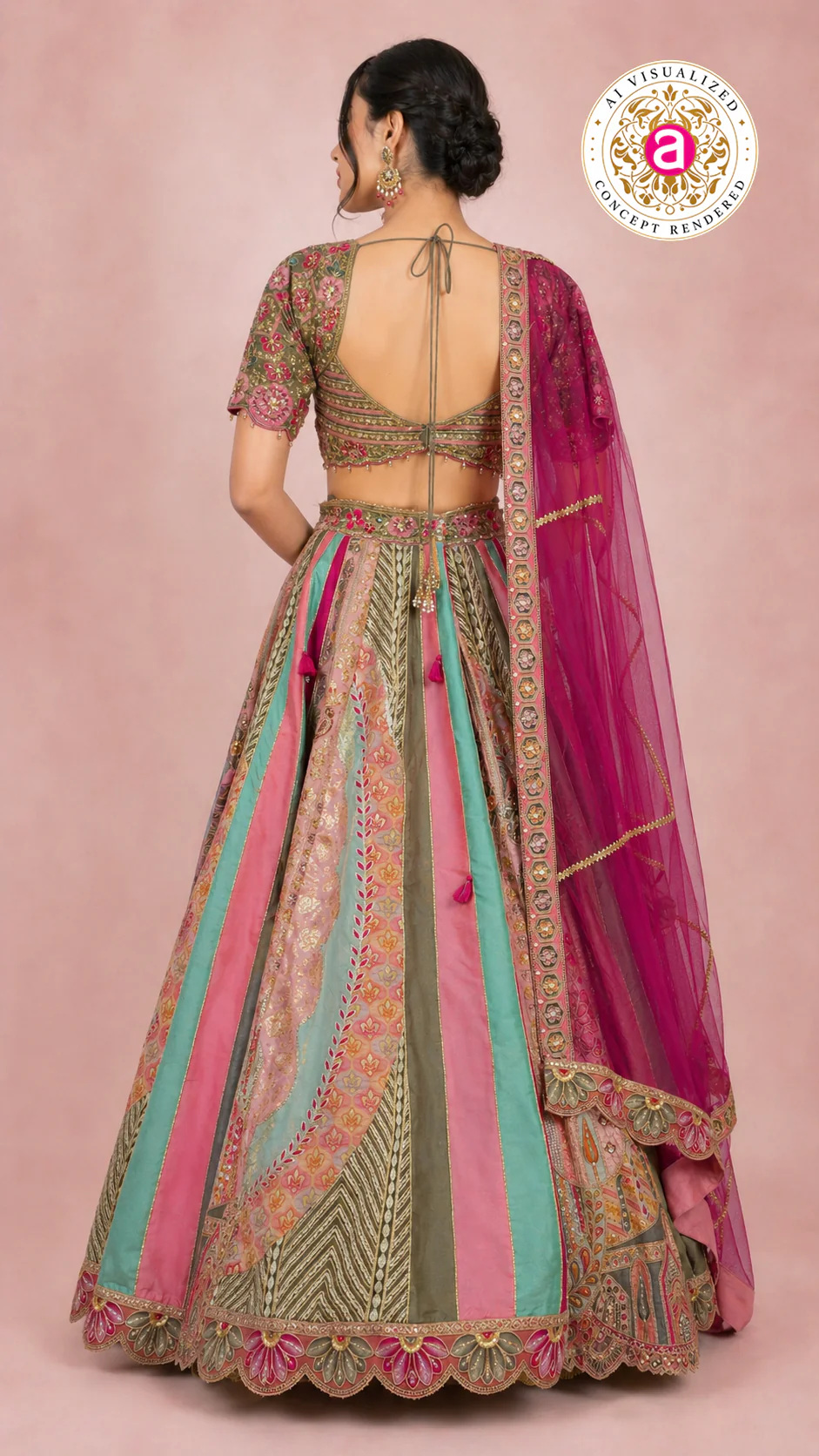 Multicolour Pastel Panelled Designer Lehenga Choli with Embroidered Blouse & Pink Net Dupatta - Image 3
