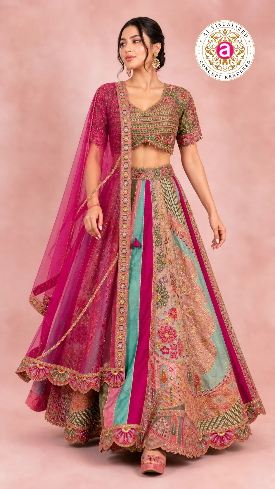 Multicolour Pastel Panelled Designer Lehenga Choli with Embroidered Blouse & Pink Net Dupatta - Image 4