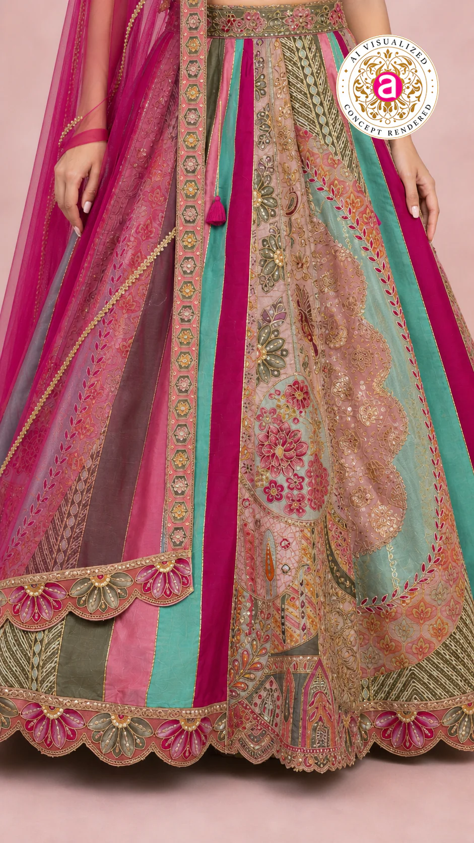 Multicolour Pastel Panelled Designer Lehenga Choli with Embroidered Blouse & Pink Net Dupatta - Image 5