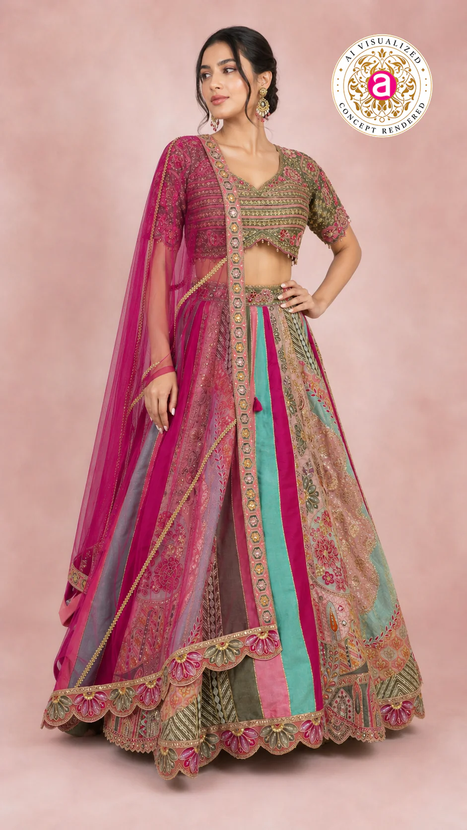 Multicolour Pastel Panelled Designer Lehenga Choli with Embroidered Blouse & Pink Net Dupatta - Image 6