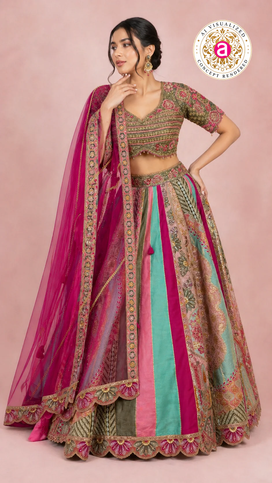 Multicolour Pastel Panelled Designer Lehenga Choli with Embroidered Blouse & Pink Net Dupatta - Image 7