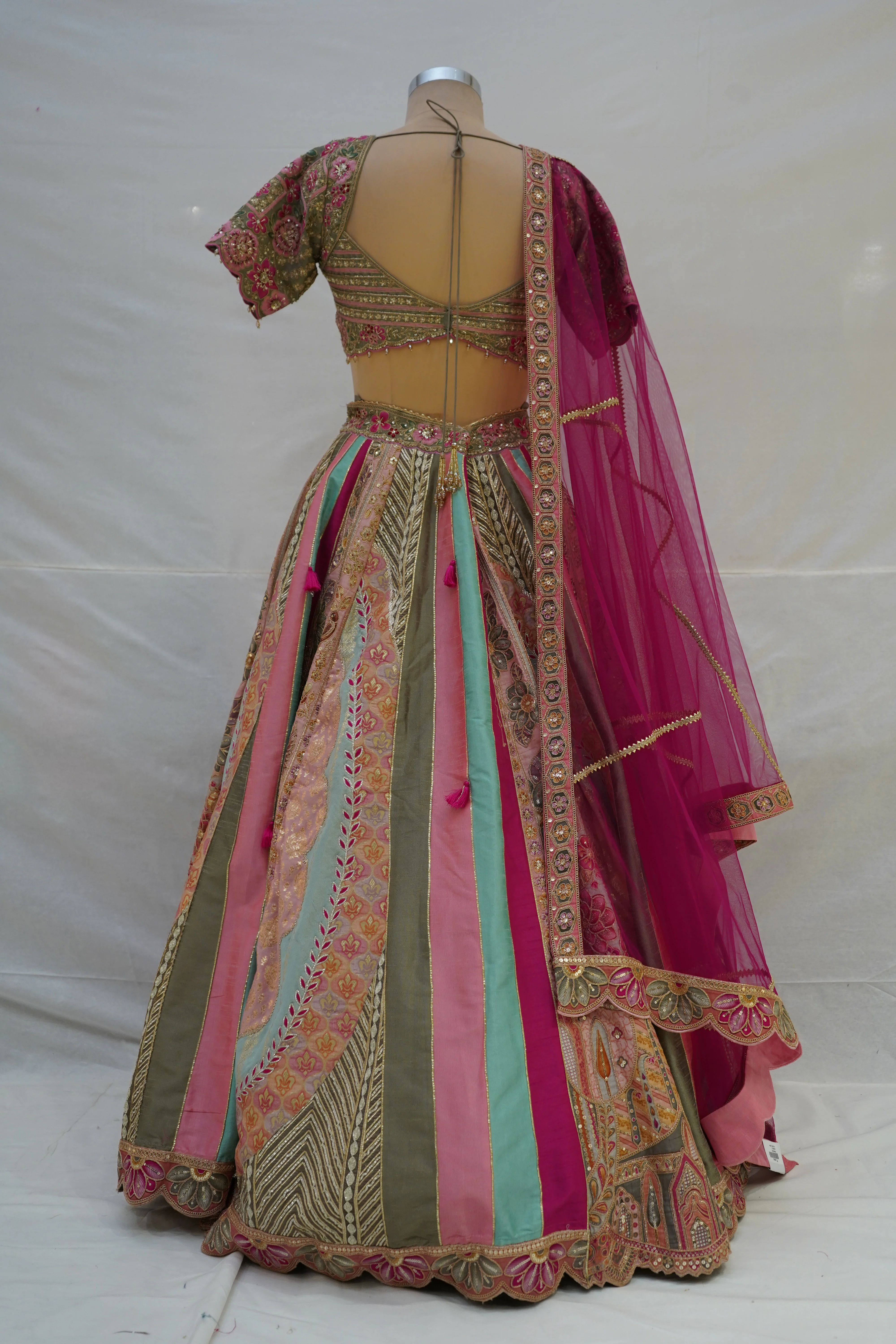 Multicolour Pastel Panelled Designer Lehenga Choli with Embroidered Blouse & Pink Net Dupatta - Image 8