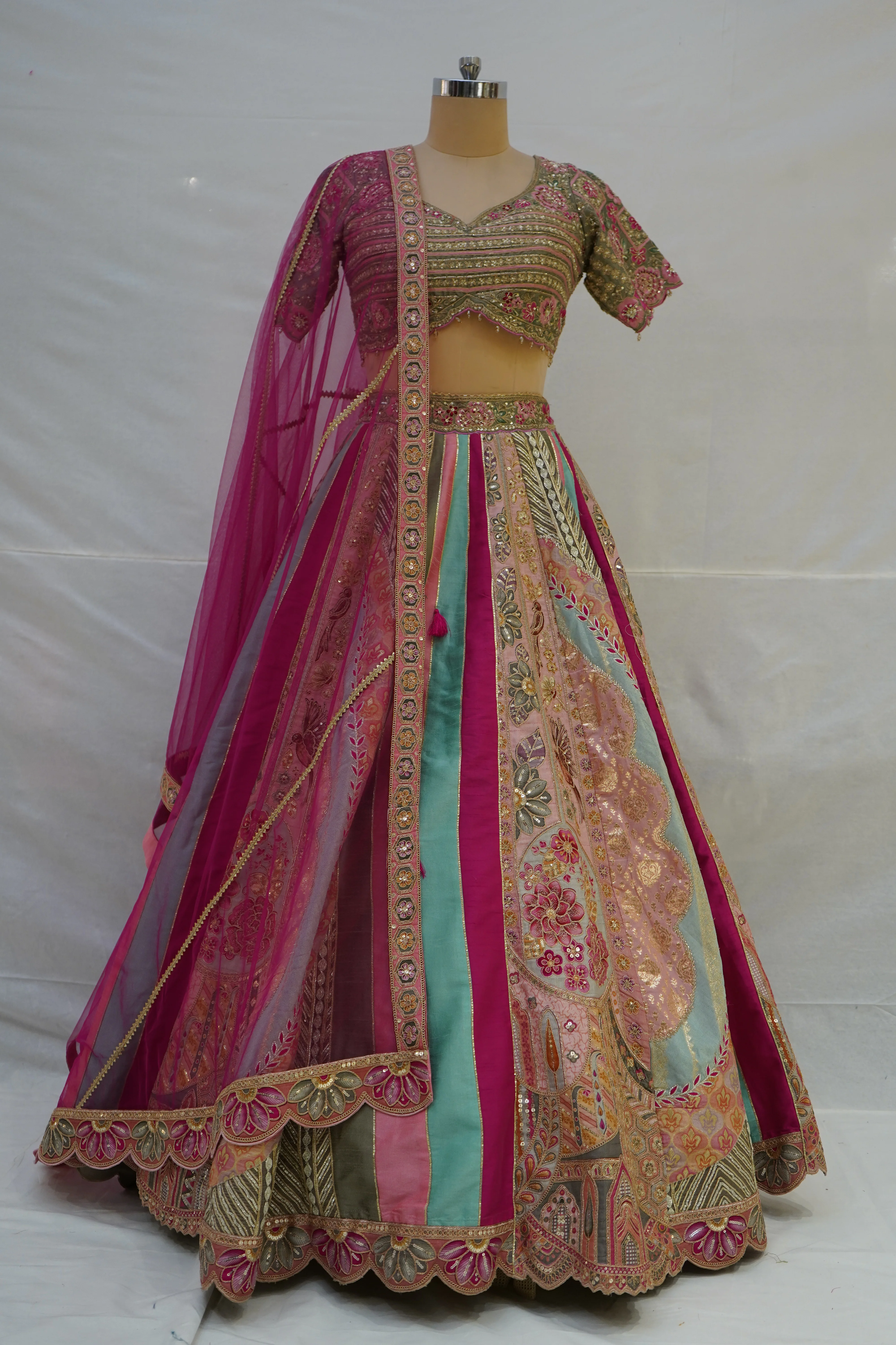 Multicolour Pastel Panelled Designer Lehenga Choli with Embroidered Blouse & Pink Net Dupatta - Image 9