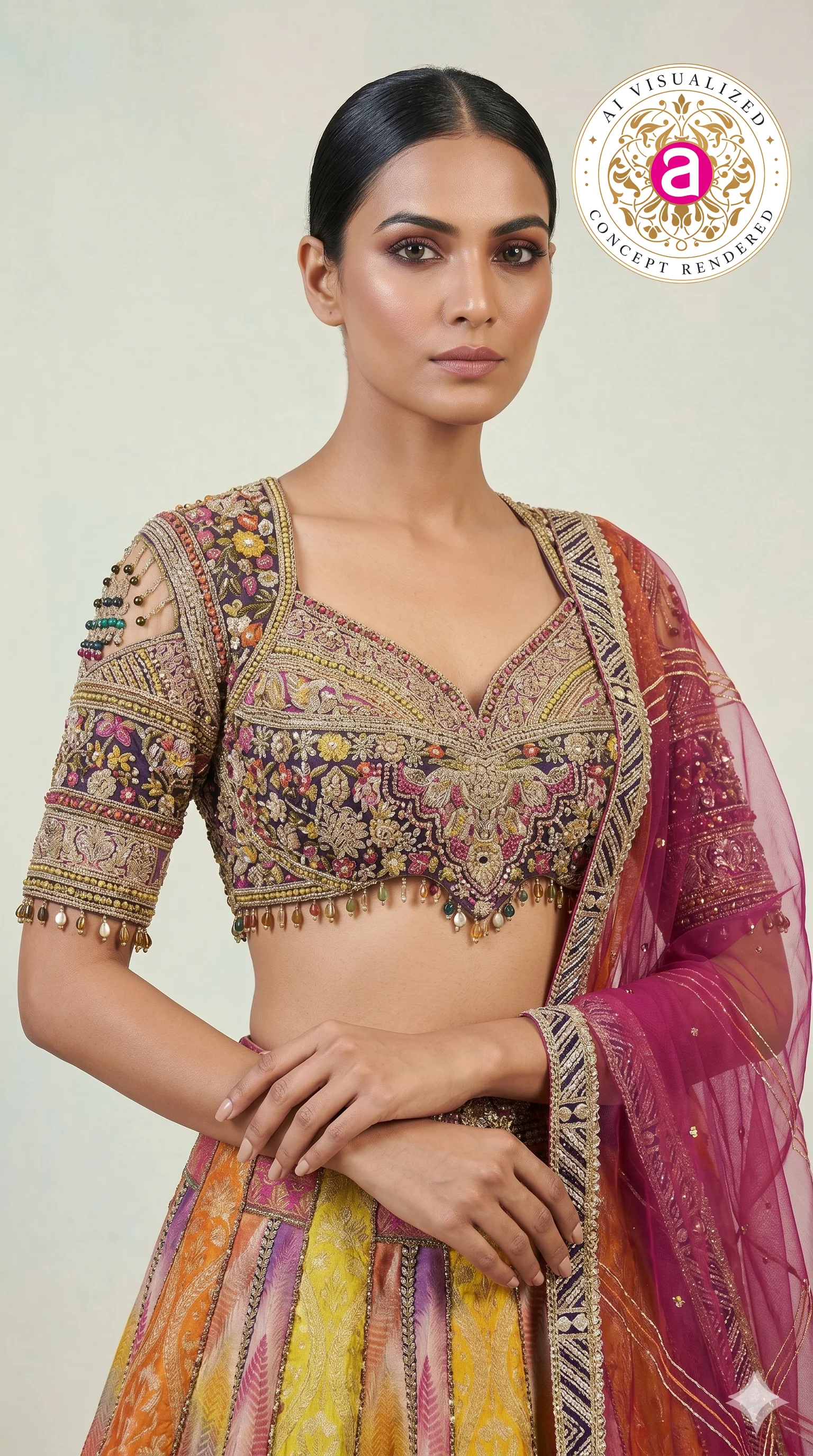 Multicolour Woven Designer Lehenga Choli with Heavy Embroidered Blouse & Pink Net Dupatta - Image 2