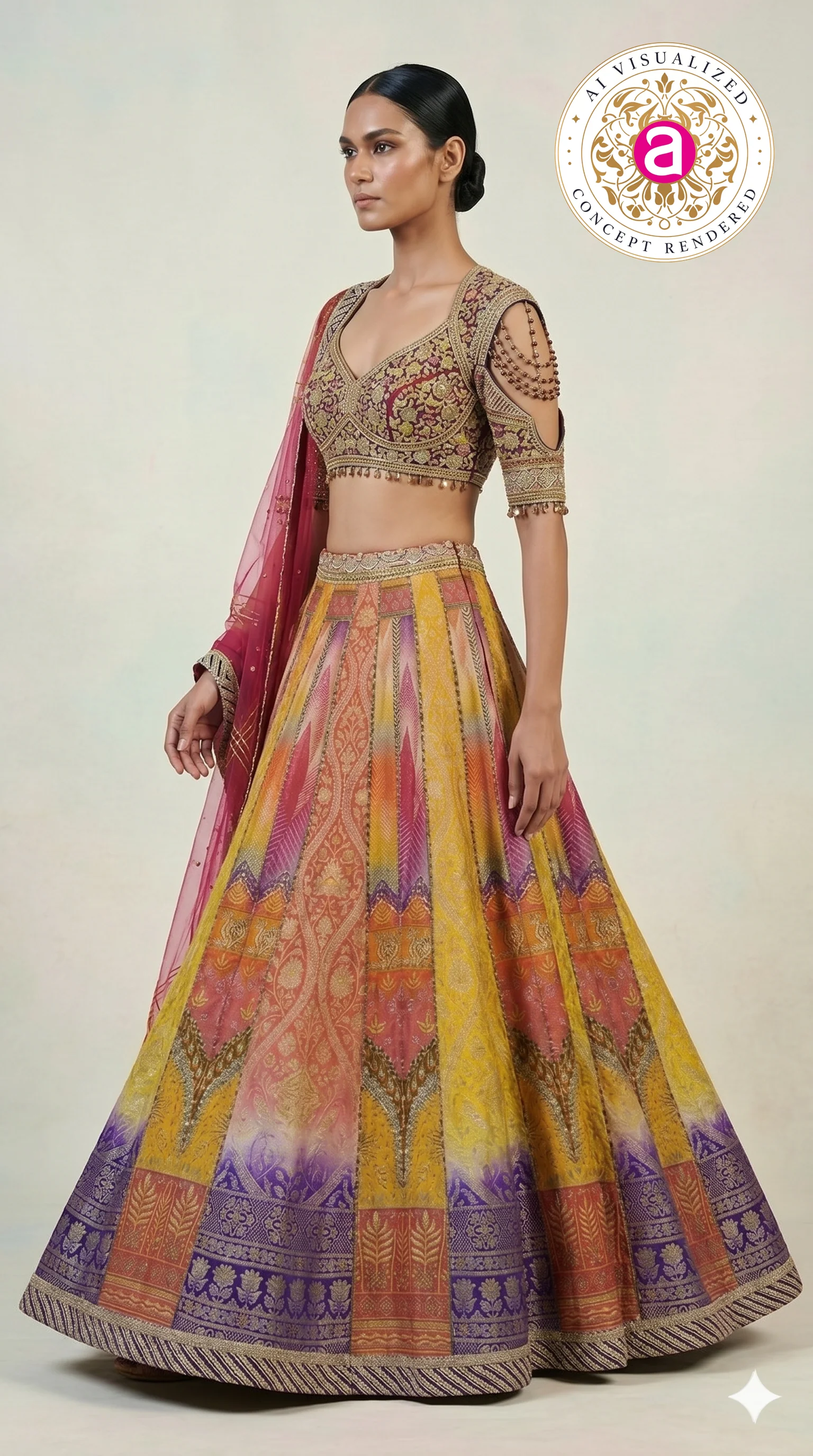Multicolour Woven Designer Lehenga Choli with Heavy Embroidered Blouse & Pink Net Dupatta - Image 3