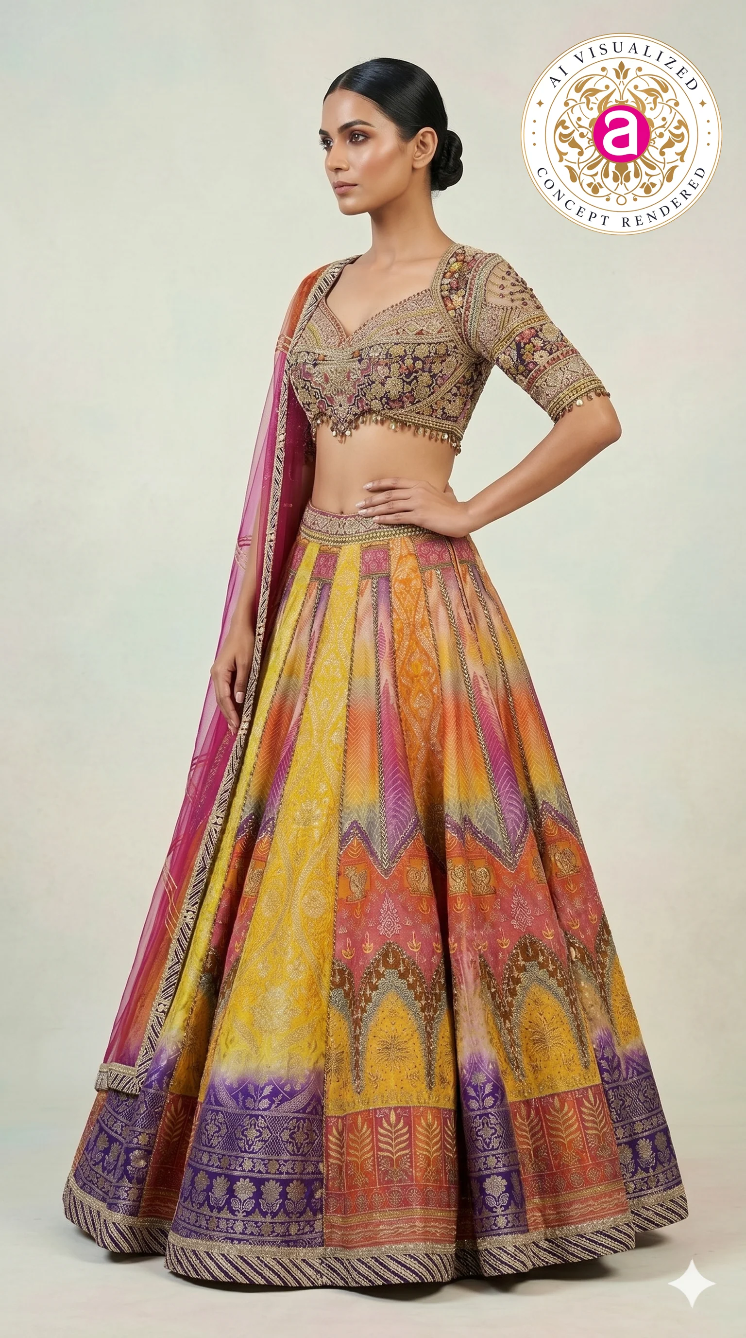 Multicolour Woven Designer Lehenga Choli with Heavy Embroidered Blouse & Pink Net Dupatta - Image 4