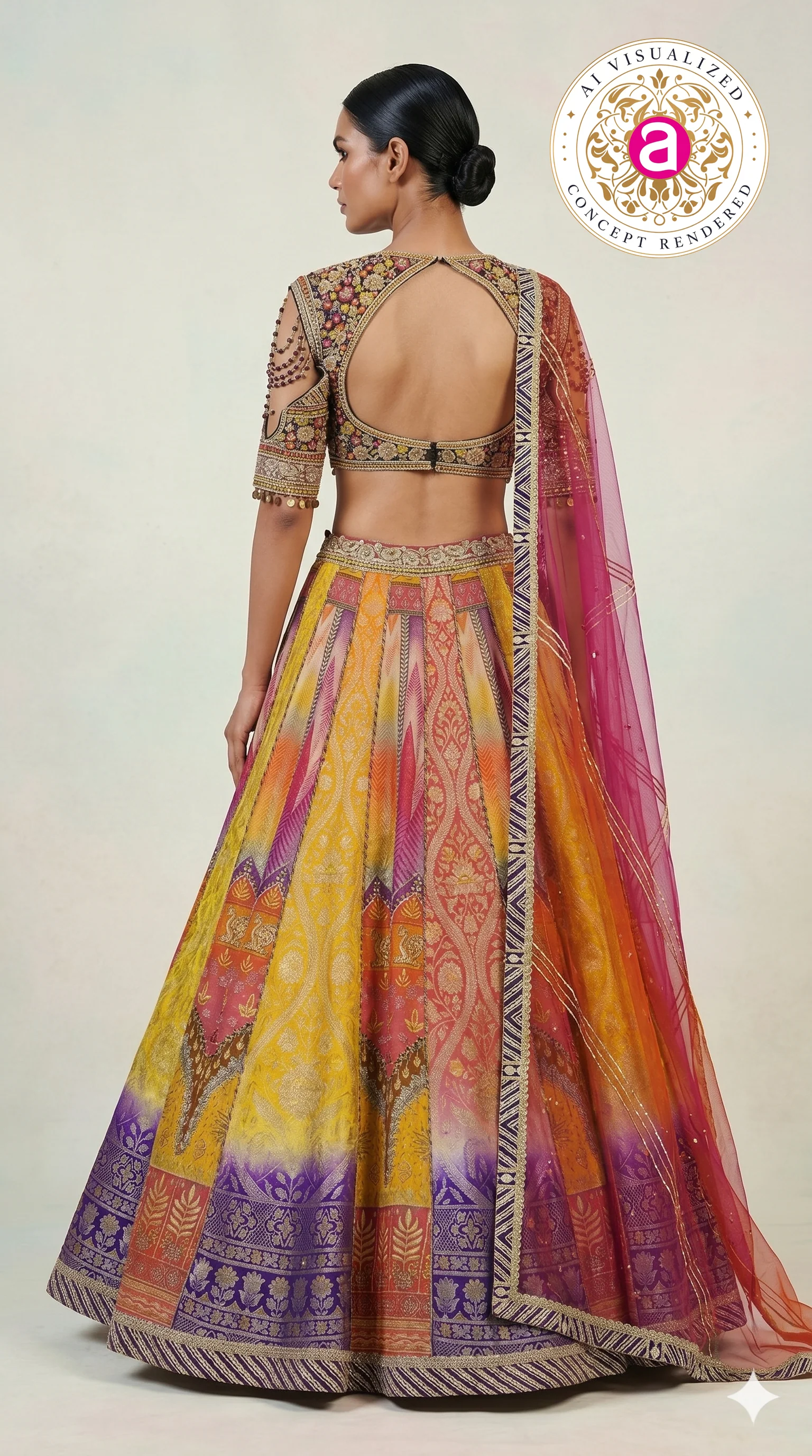 Multicolour Woven Designer Lehenga Choli with Heavy Embroidered Blouse & Pink Net Dupatta - Image 5