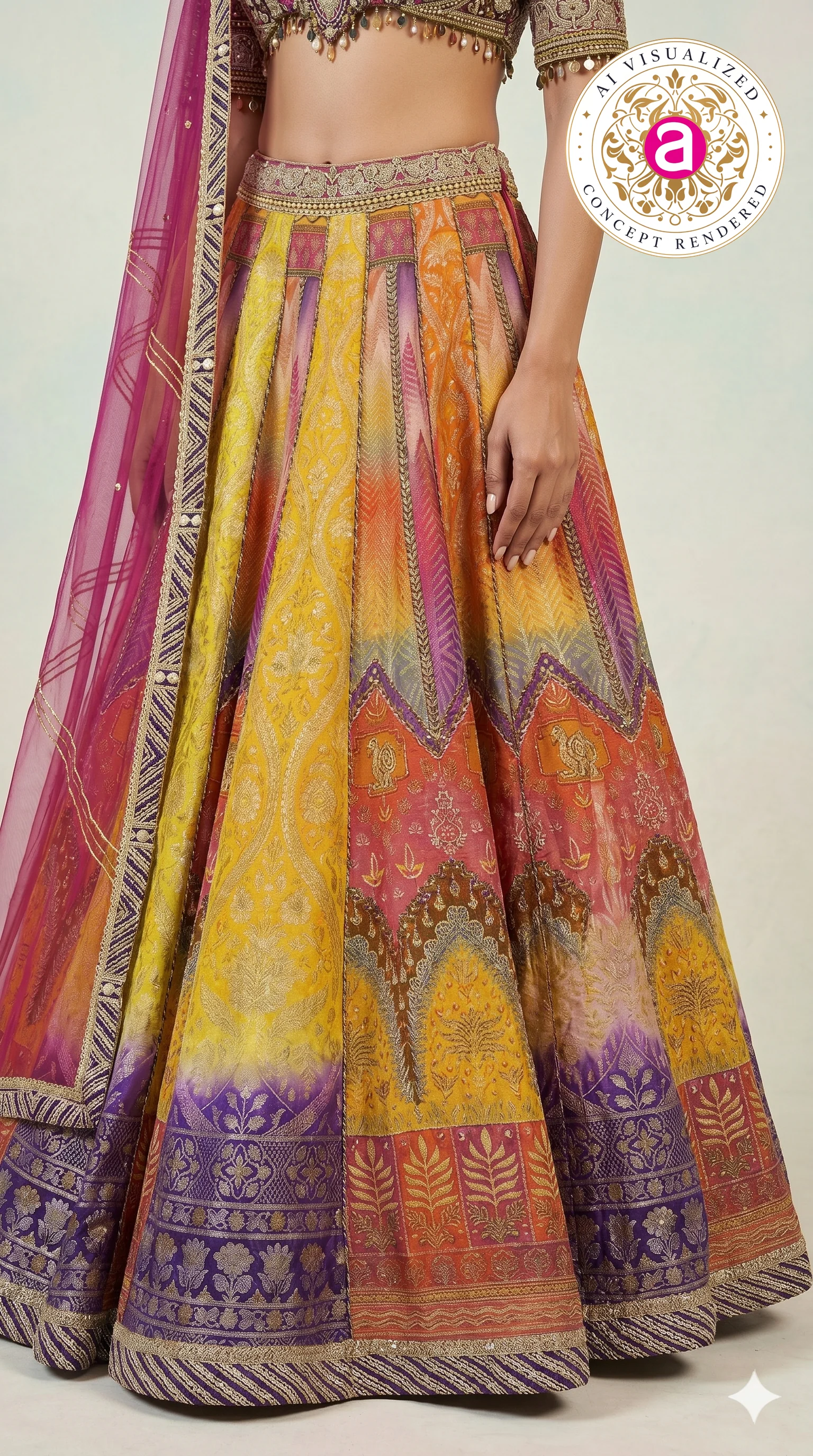 Multicolour Woven Designer Lehenga Choli with Heavy Embroidered Blouse & Pink Net Dupatta - Image 6