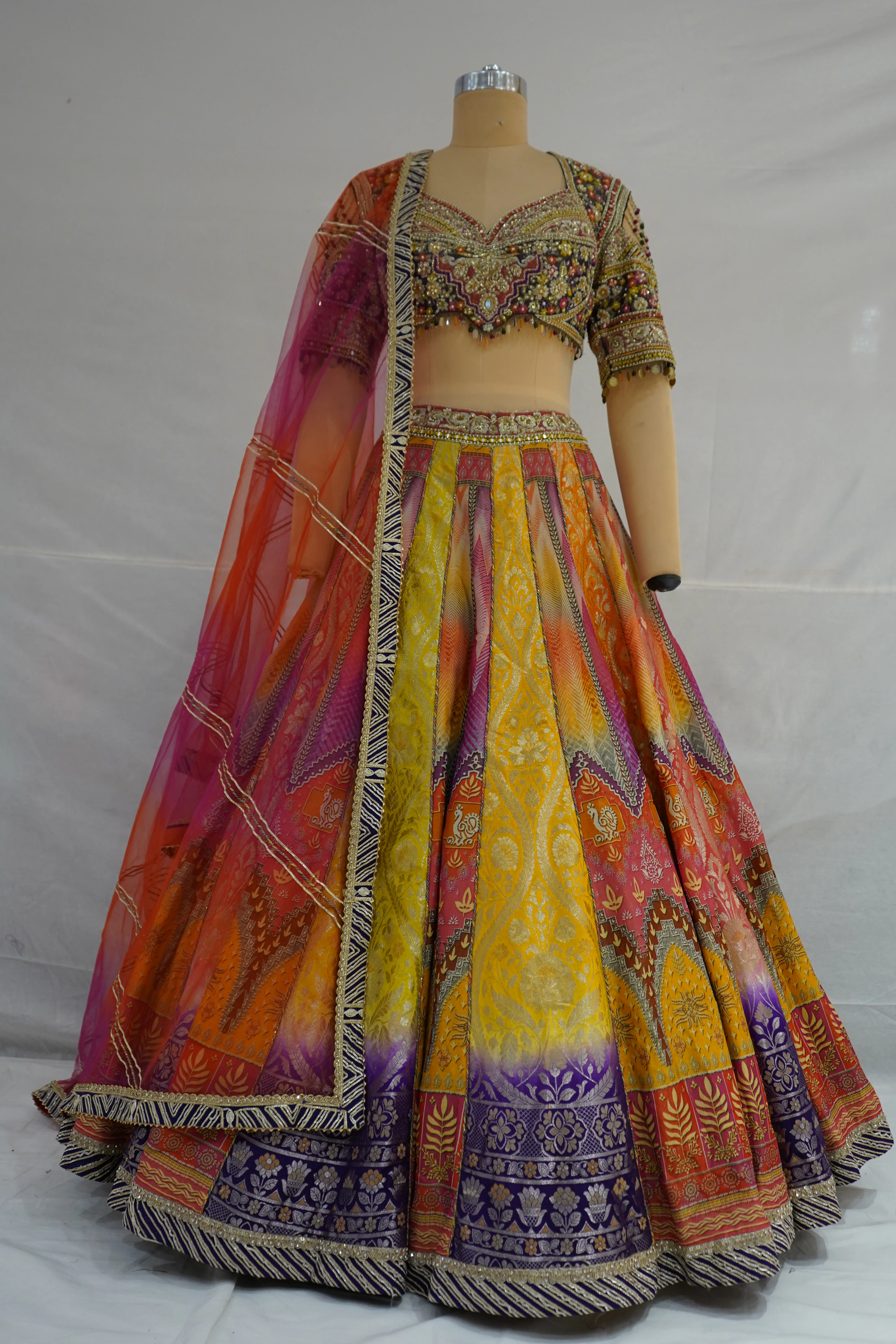 Multicolour Woven Designer Lehenga Choli with Heavy Embroidered Blouse & Pink Net Dupatta - Image 7