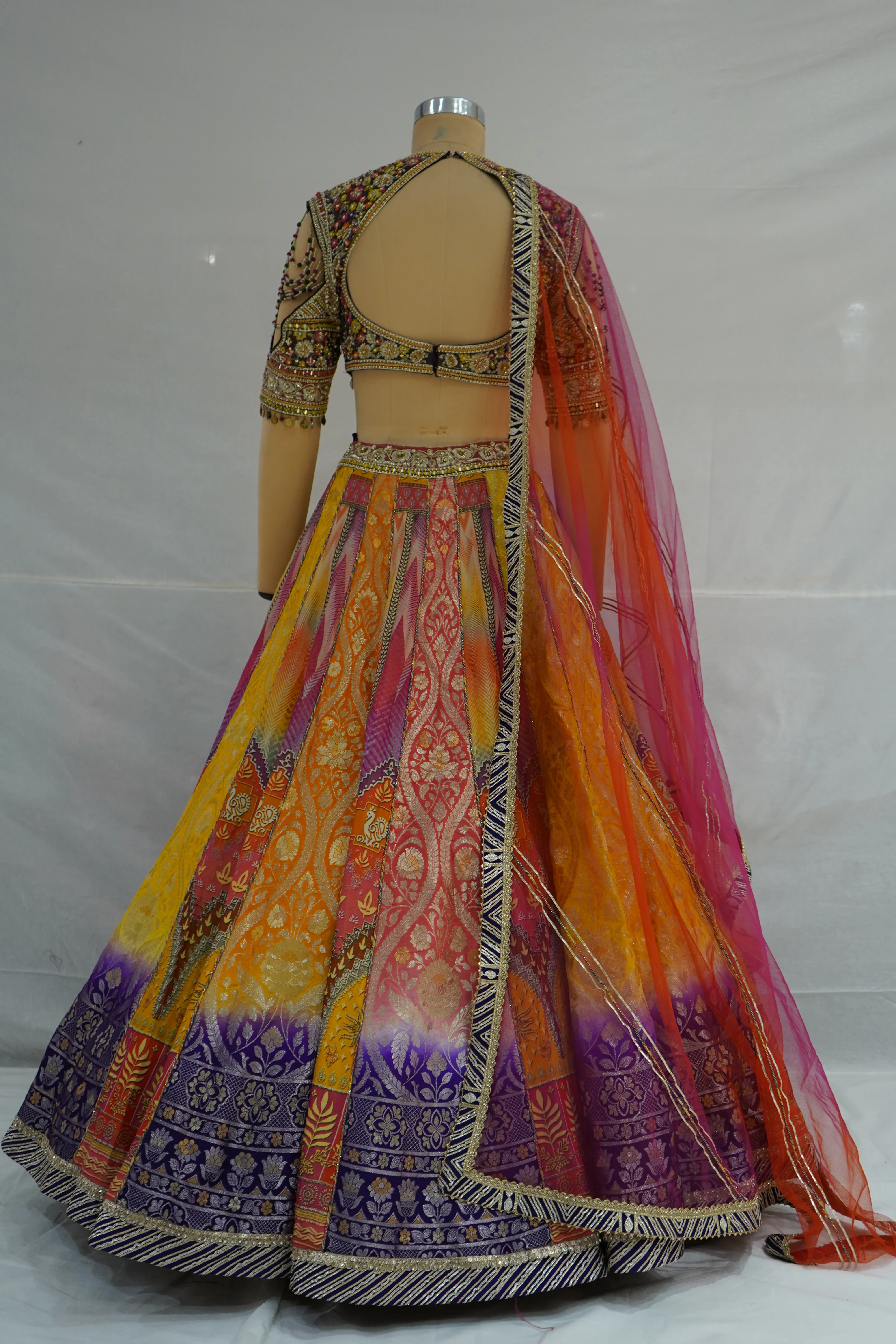 Multicolour Woven Designer Lehenga Choli with Heavy Embroidered Blouse & Pink Net Dupatta - Image 8
