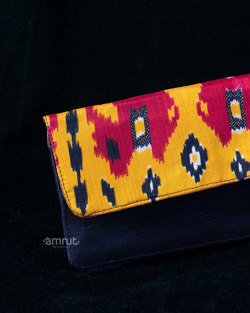 Mustard and Crimson Ikat Silk Clutch with Navy Contrast - Image 2