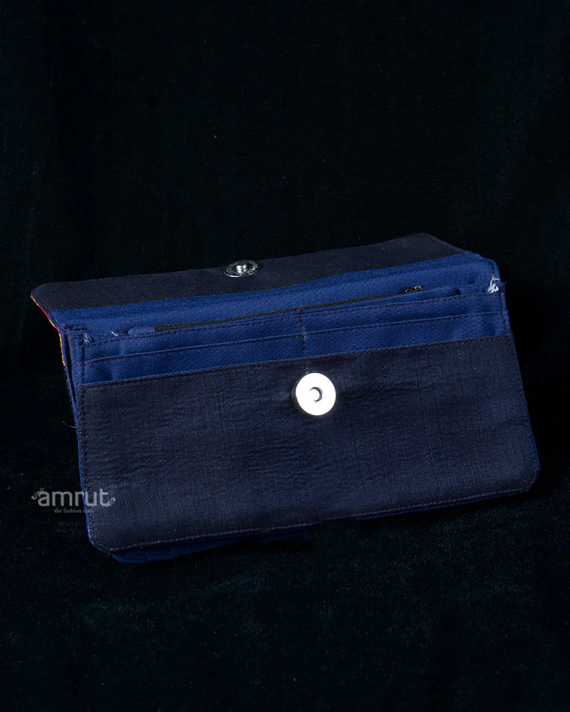 Mustard and Crimson Ikat Silk Clutch with Navy Contrast - Image 3