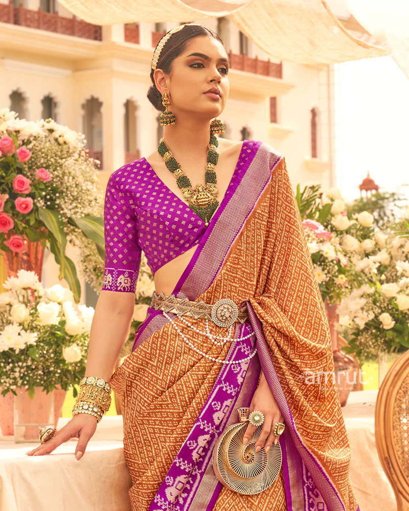Mustard and Purple Zari Border Patola Silk Saree with Unstitched Blouse - Image 2