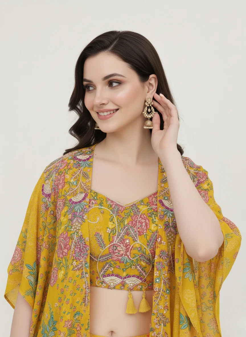 Mustard Floral Printed Crop Top, Palazzo Pants & Long Shrug Set - Image 2