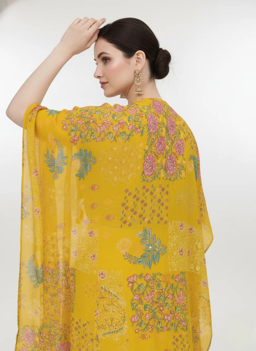 Mustard Floral Printed Crop Top, Palazzo Pants & Long Shrug Set - Image 3
