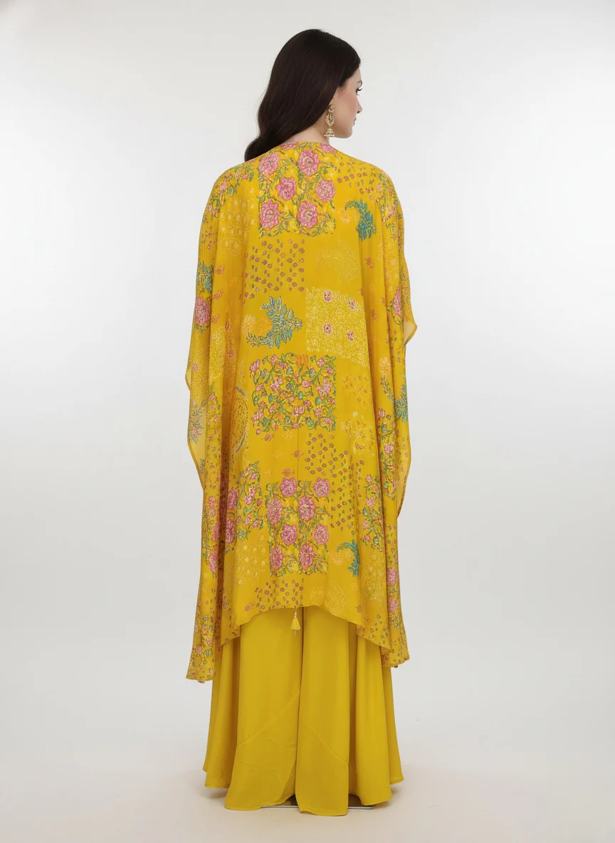 Mustard Floral Printed Crop Top, Palazzo Pants & Long Shrug Set - Image 4