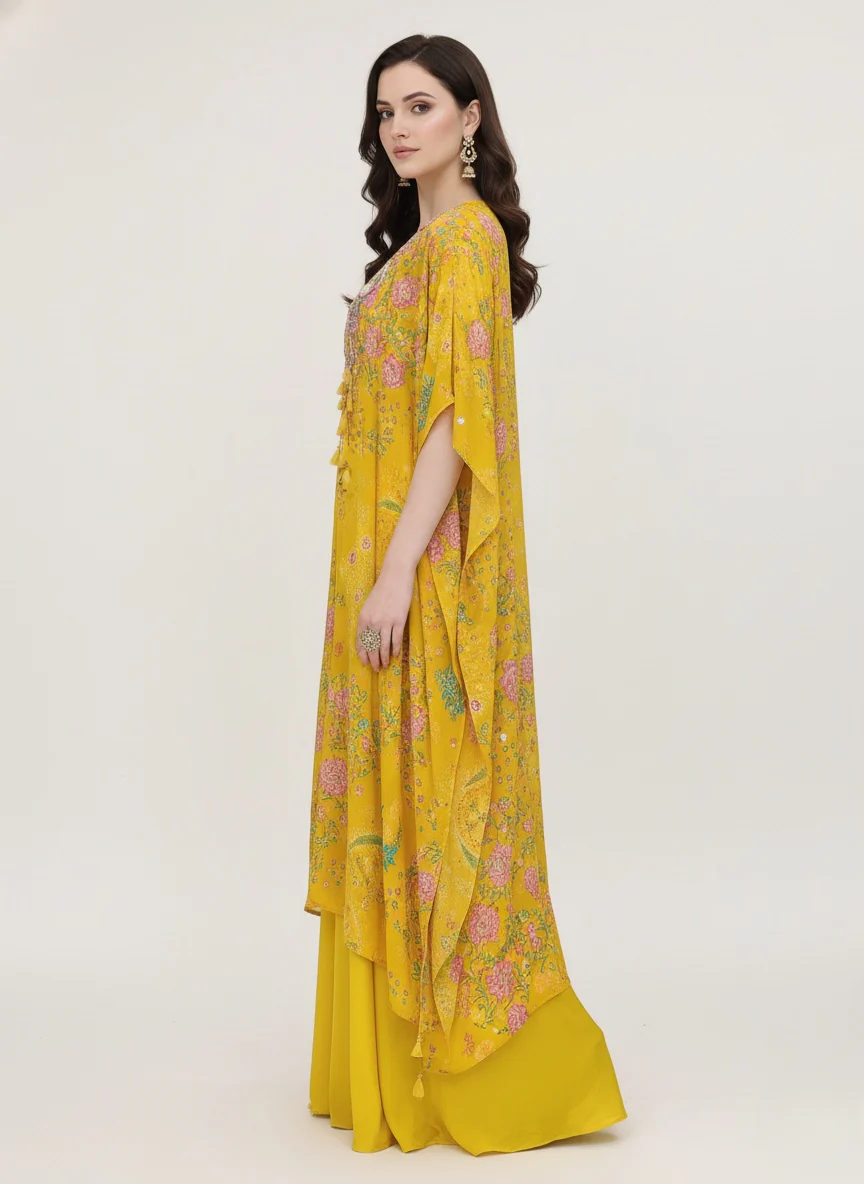 Mustard Floral Printed Crop Top, Palazzo Pants & Long Shrug Set - Image 5