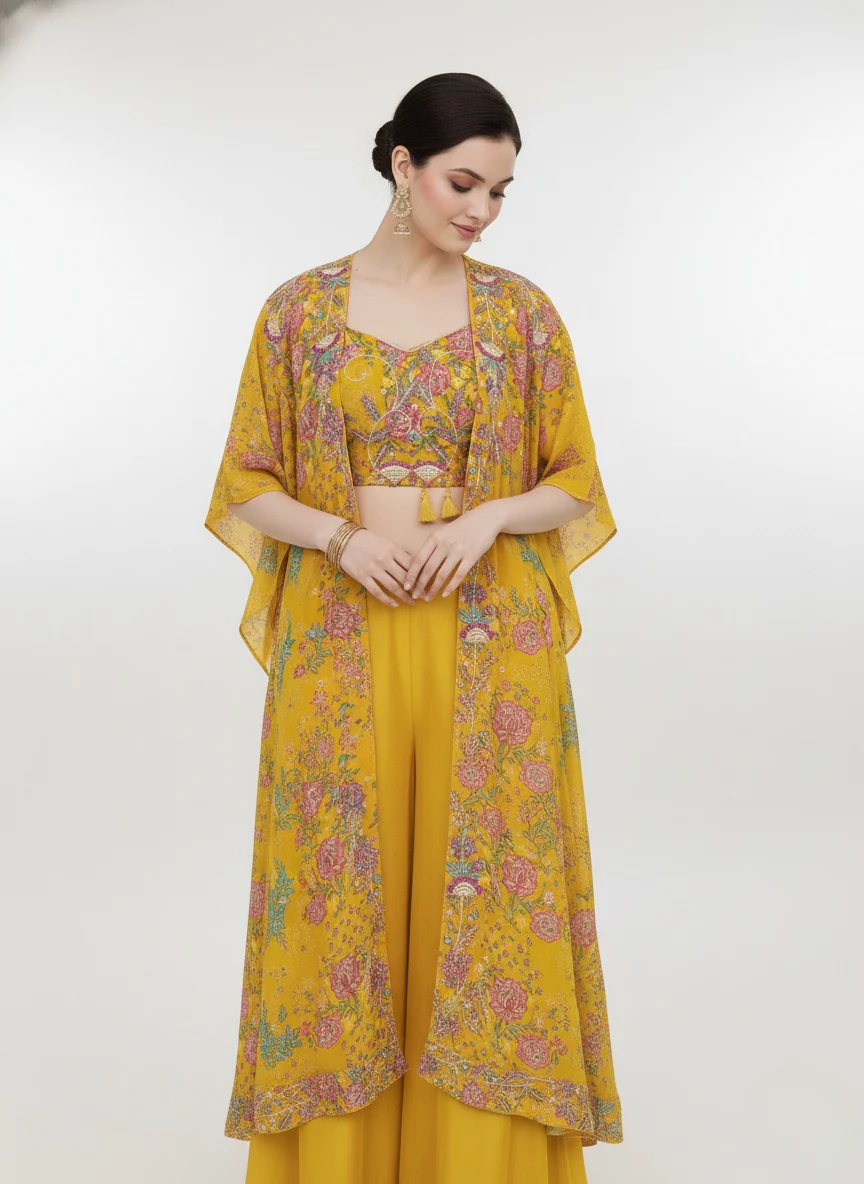 Mustard Floral Printed Crop Top, Palazzo Pants & Long Shrug Set - Image 6