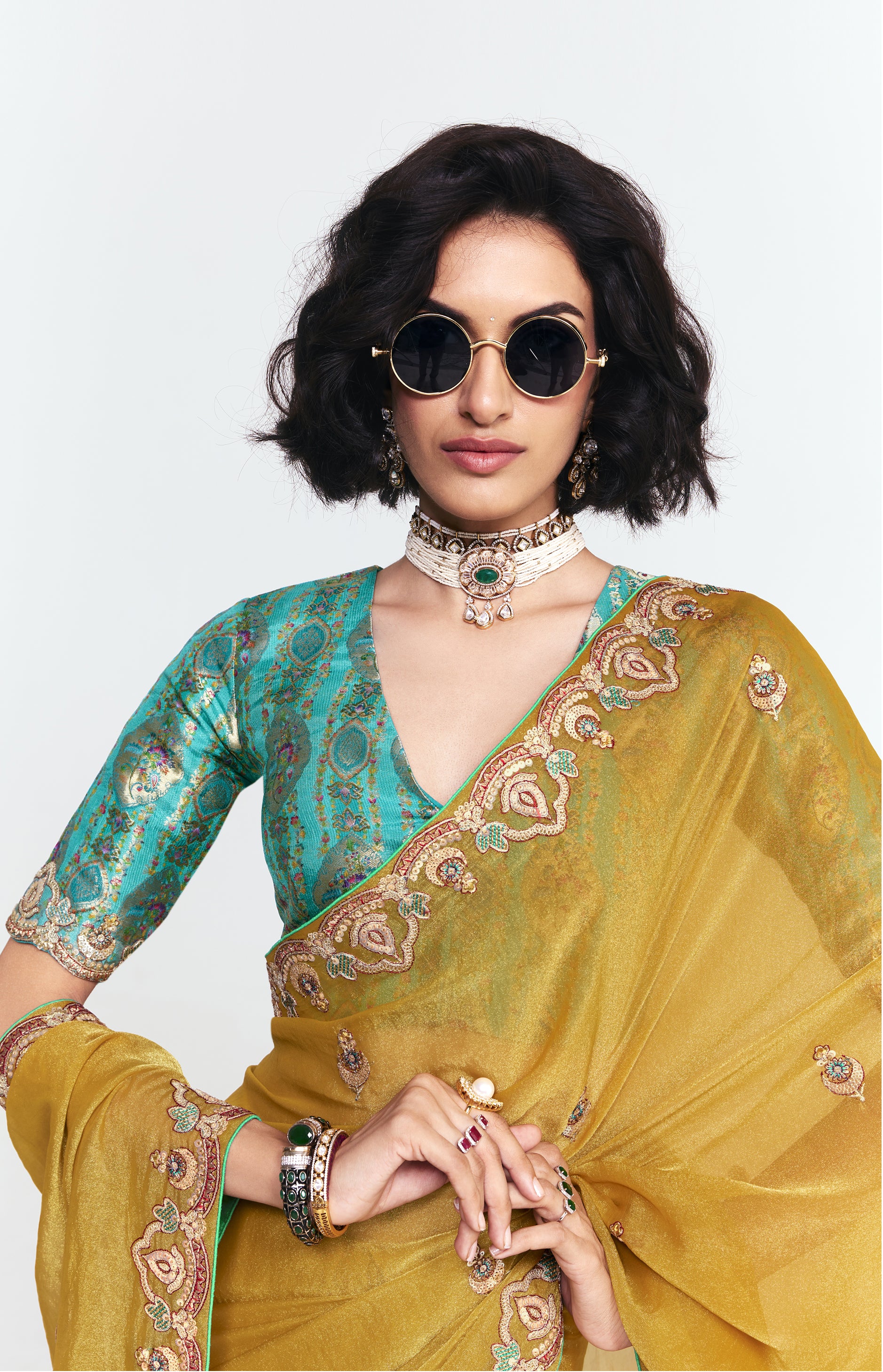 Mustard Georgette Saree with Embroidered Border & Designer Blouse - Image 2