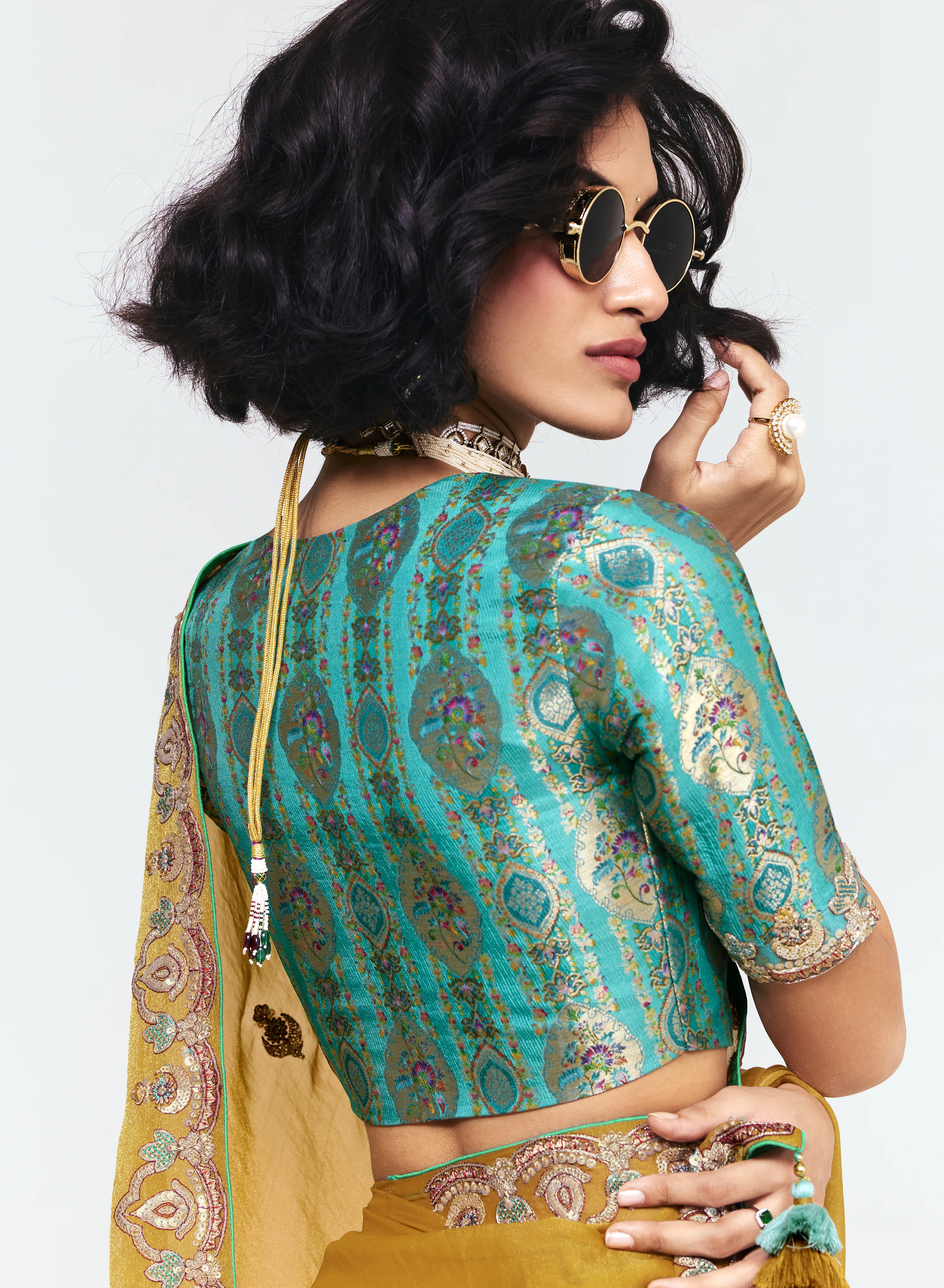 Mustard Georgette Saree with Embroidered Border & Designer Blouse - Image 4