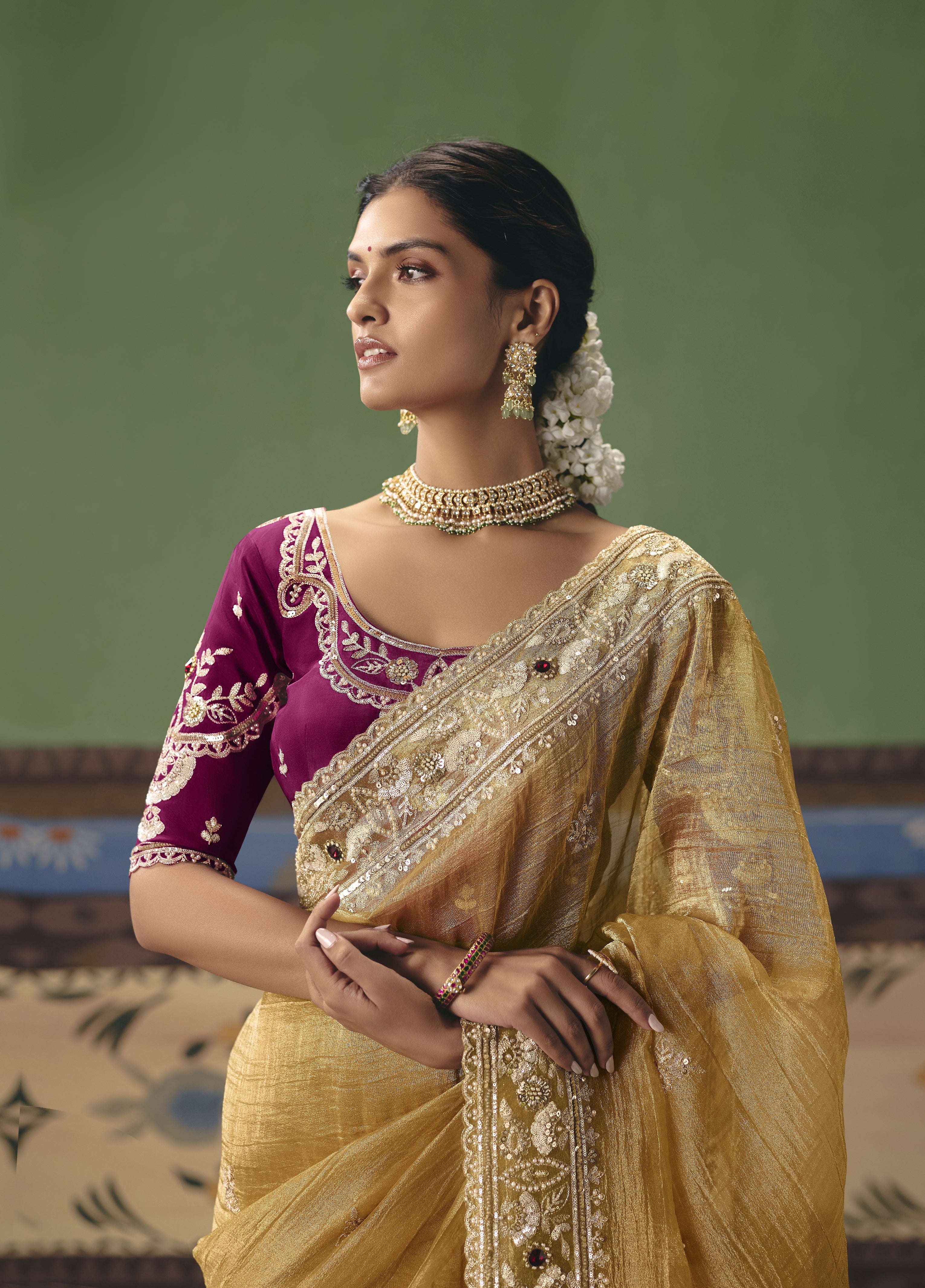 Mustard Gold Designer Embroidered Saree with Contrast Blouse - Image 2