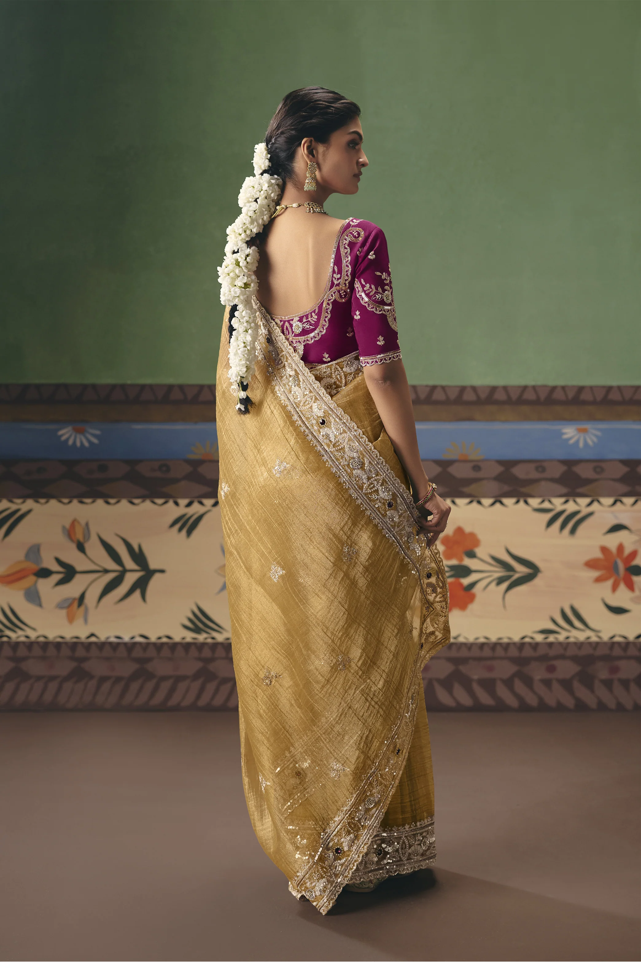 Mustard Gold Designer Embroidered Saree with Contrast Blouse - Image 3