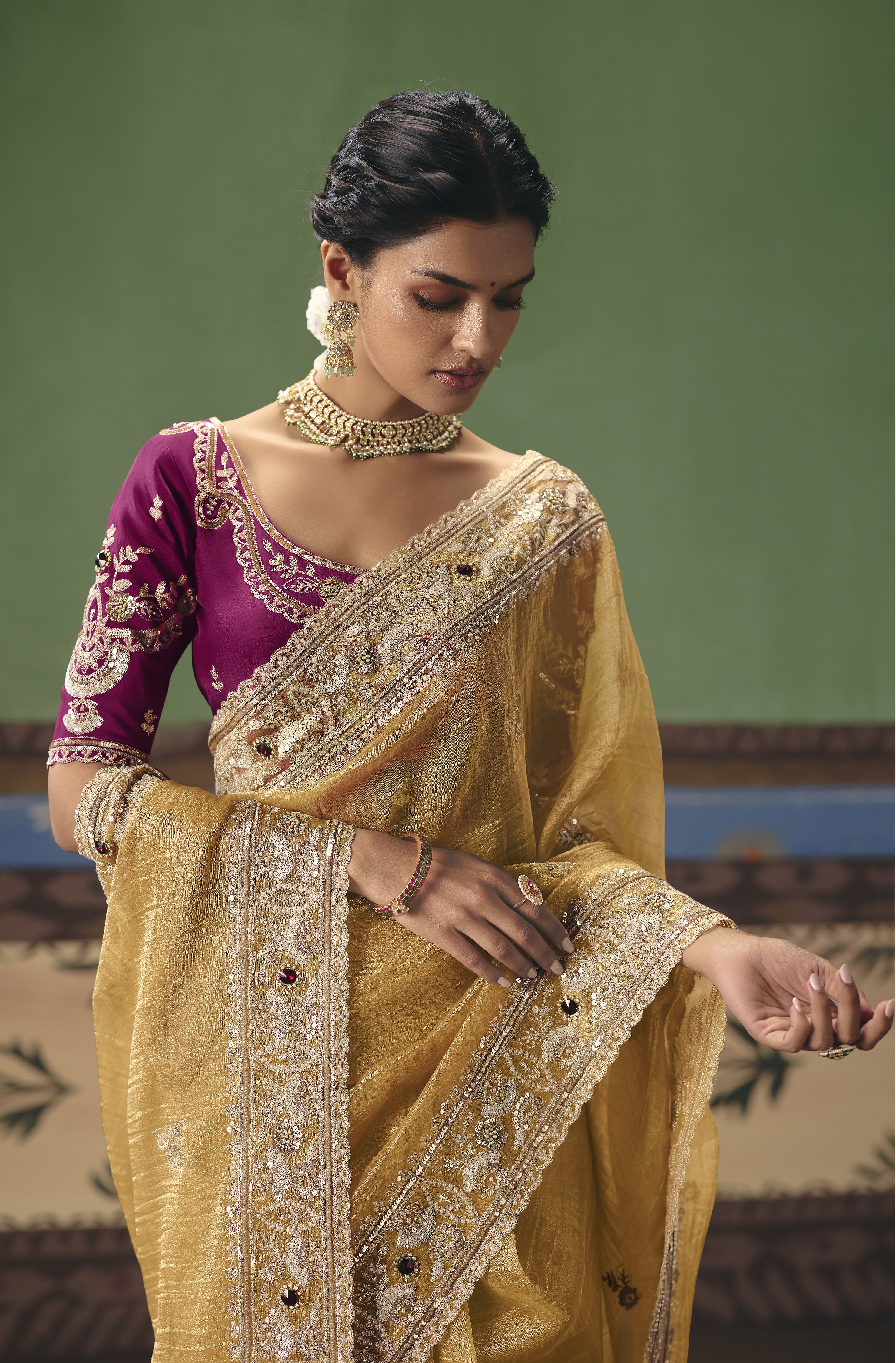 Mustard Gold Designer Embroidered Saree with Contrast Blouse - Image 4