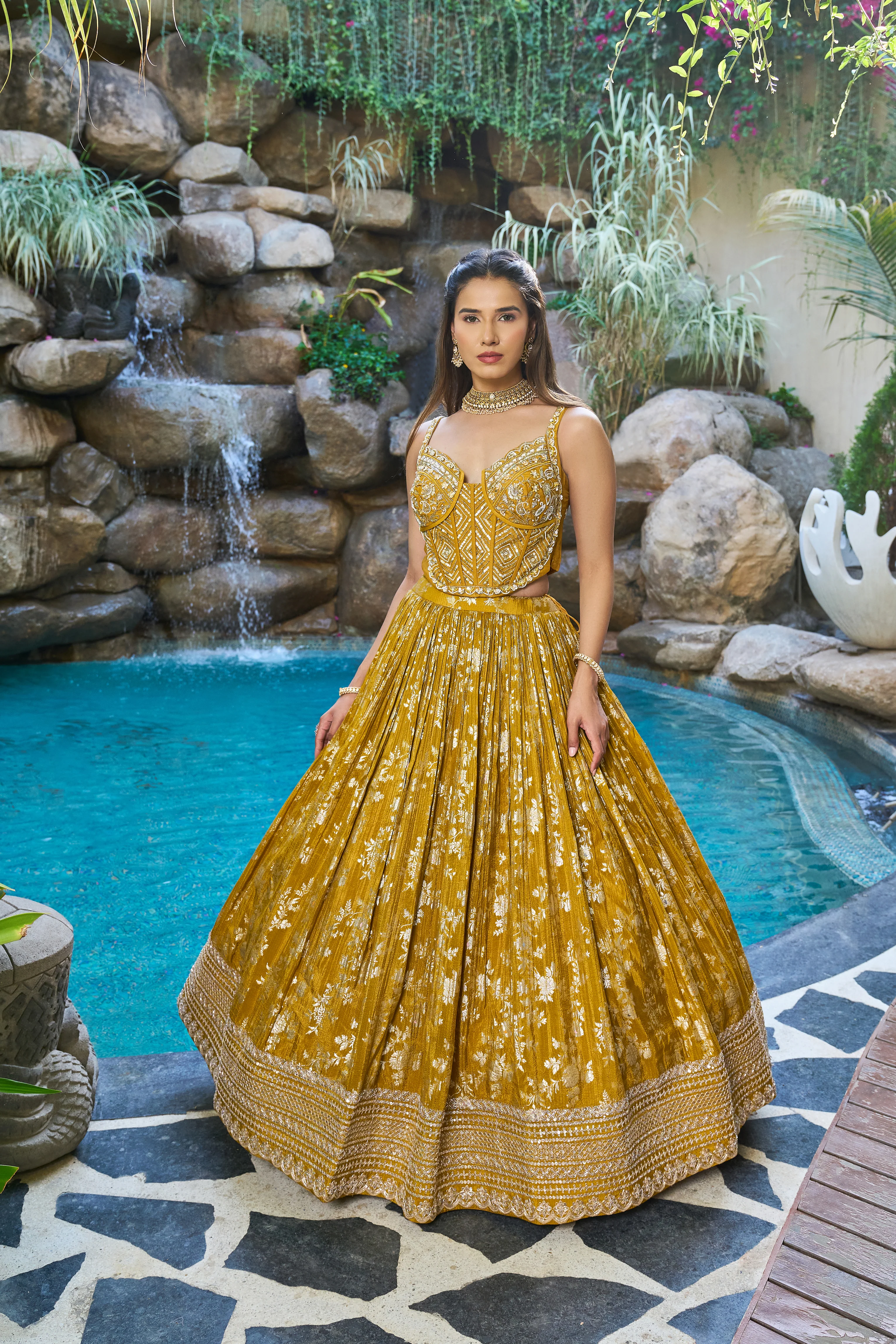 Mustard Gold Designer Lehenga Set with Embroidered Corset Blouse & Dupatta - Image 2
