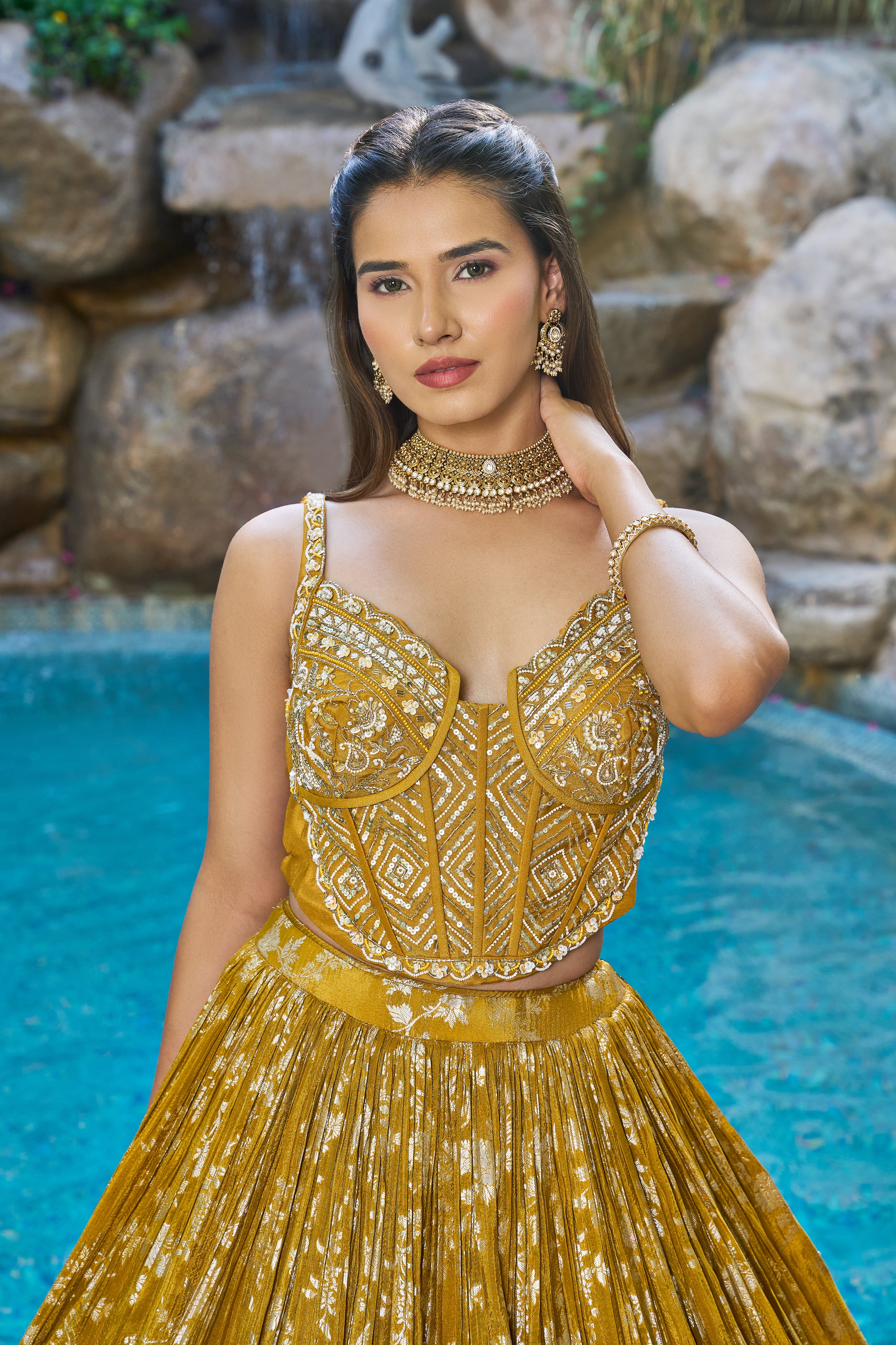 Mustard Gold Designer Lehenga Set with Embroidered Corset Blouse & Dupatta - Image 3